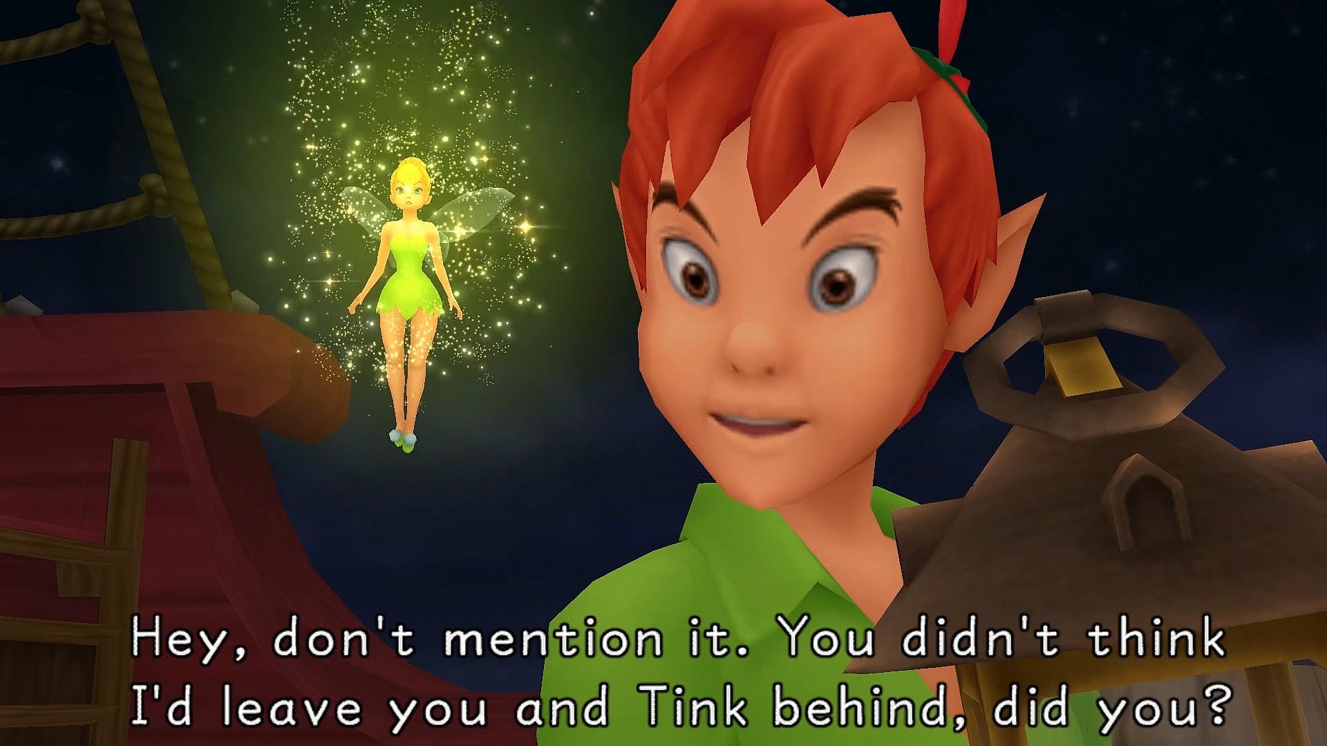 Peter Pan (Christopher Steele) makes the acquaintance of Sora (Hayley Joel Osment), Donald (Tony Anselmo), and Goofy (Bill Farmer) in Kingdom Hearts (2002), Square Enix