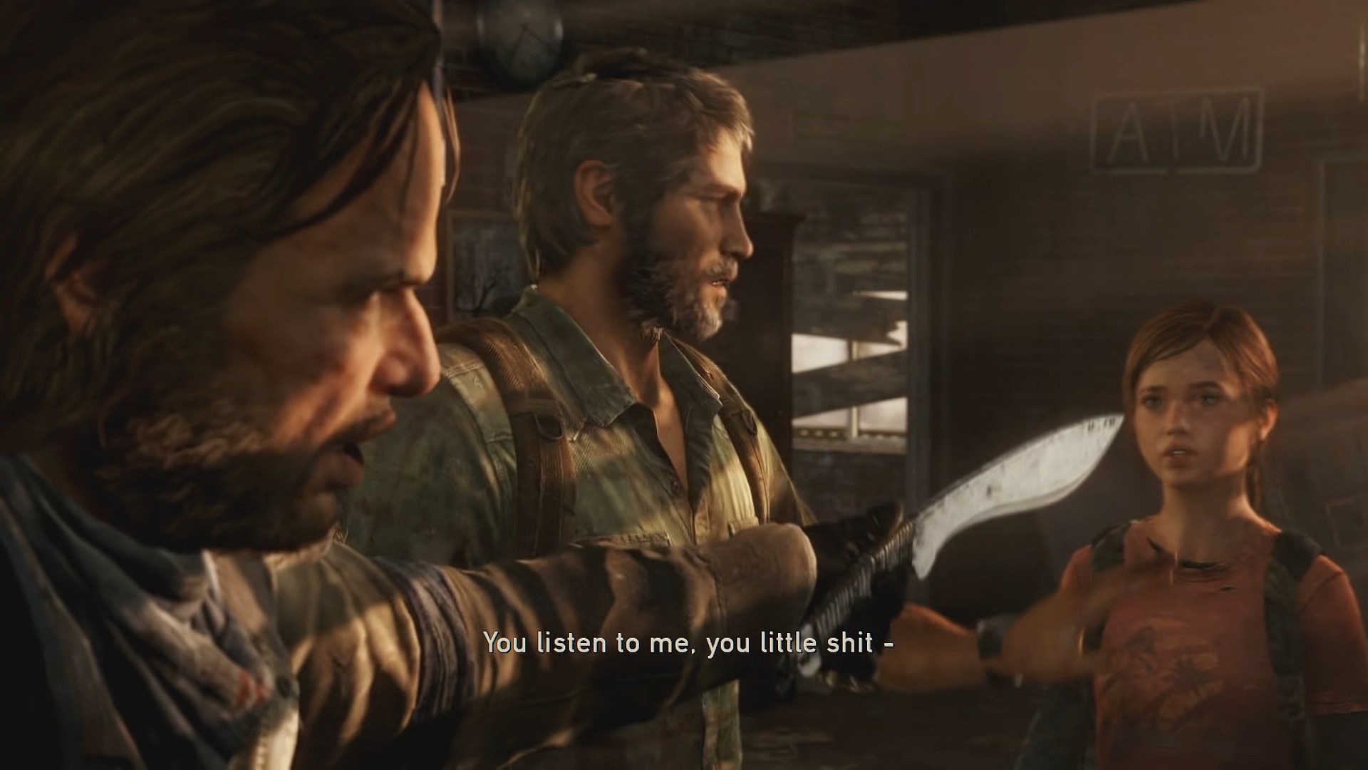 Bill (W. Earl Brown) snaps back after Ellie (Ashley Johnson) calls him fat in The Last of Us (2013), Naughty Dog