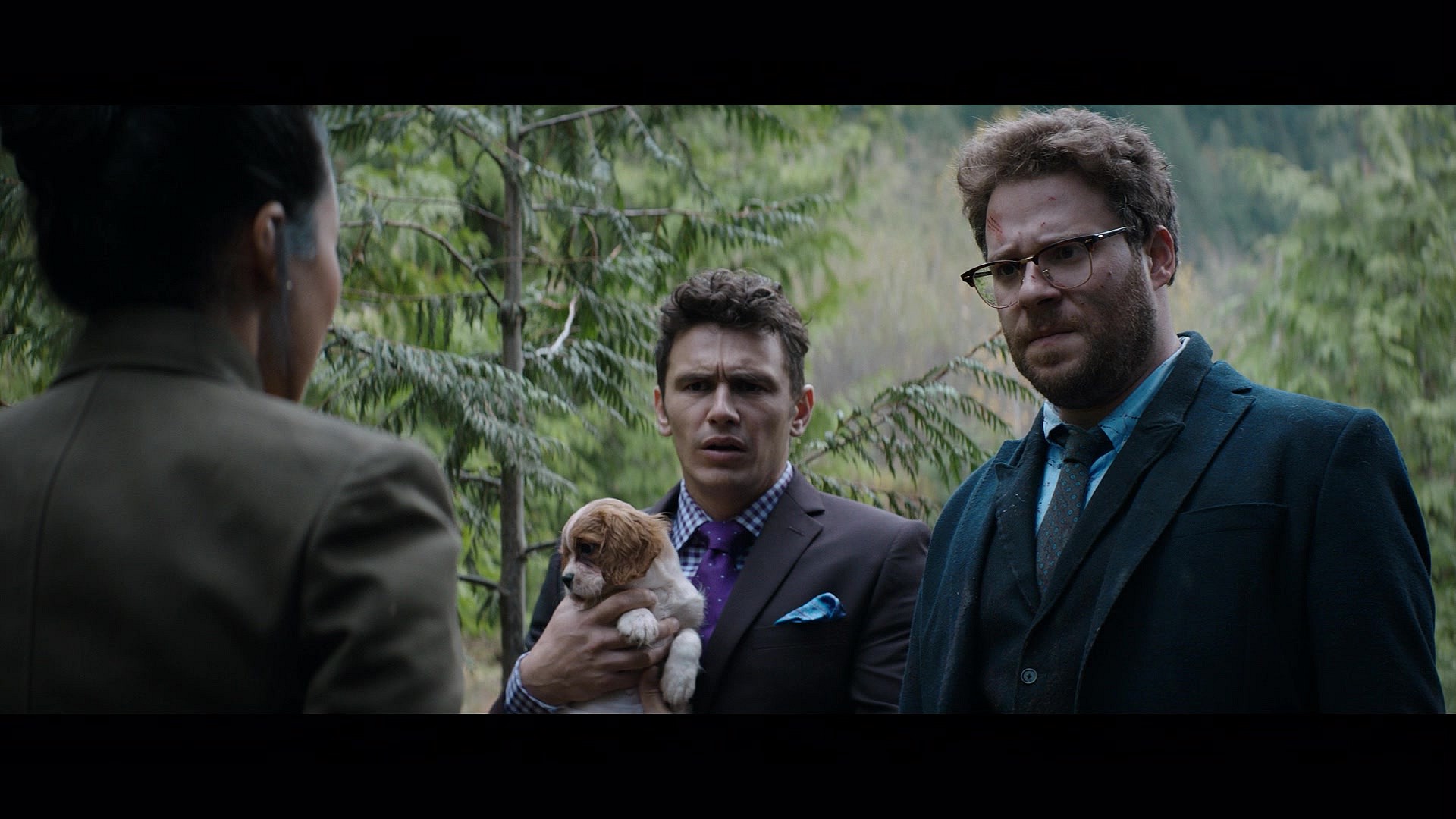 Aaron Rappaport (Seth Rogen) and David Skylark (James Franco) are rescued from North Korean foirces by Park Sook-yin (Diana Bang) in The Interview (2014), Sony Pictures