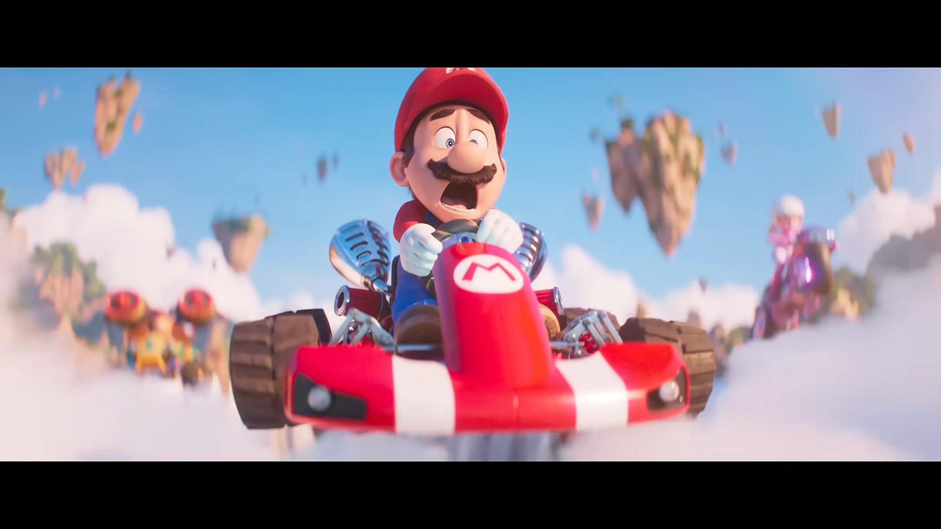 Mario (Chris Pratt) gets air while racing on Rainbow Road in The Super Mario Bros. Movie (2023), Illumination Entertainment