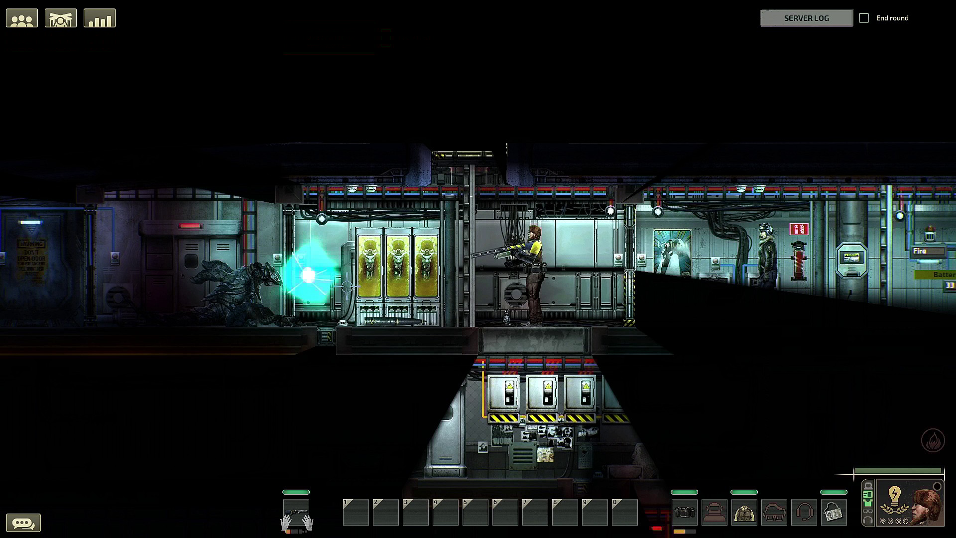 A player readies their gun against an alien threat, via Barotrauma (2019), Daedalic Entertainment