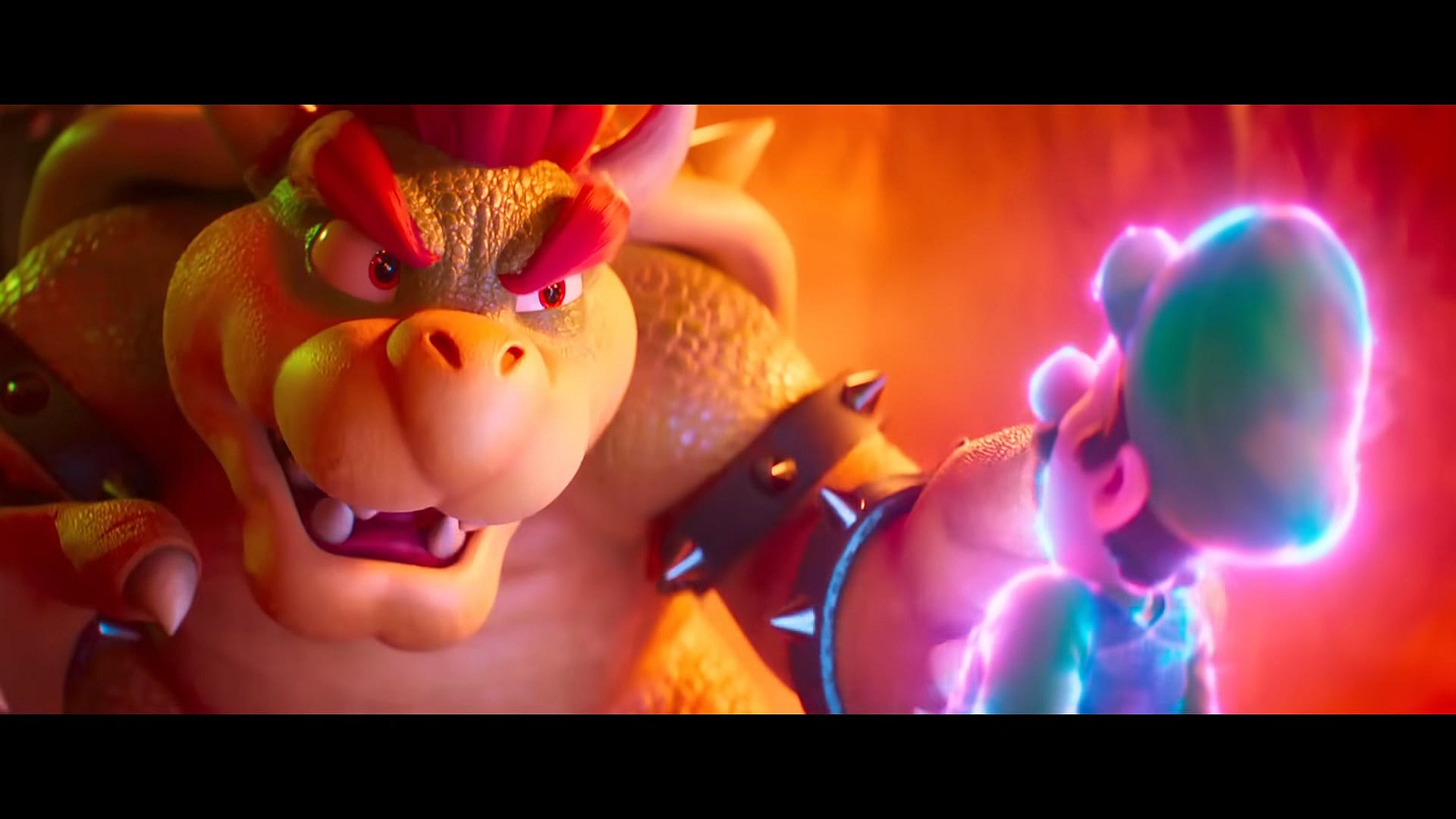 Bowser (Jack Black) demands information from Luigi (Charlie Day) in The Super Mario Bros. Movie (2023), Illumination Entertainment
