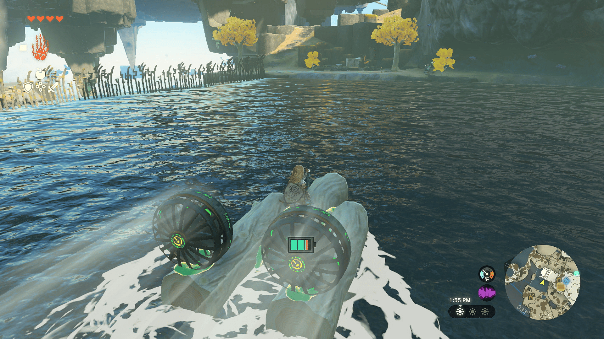 Link sails across a river using a raft constructed from fused logs and fans via The Legend of Zelda: Tears of the Kingdom (2023), Nintendo