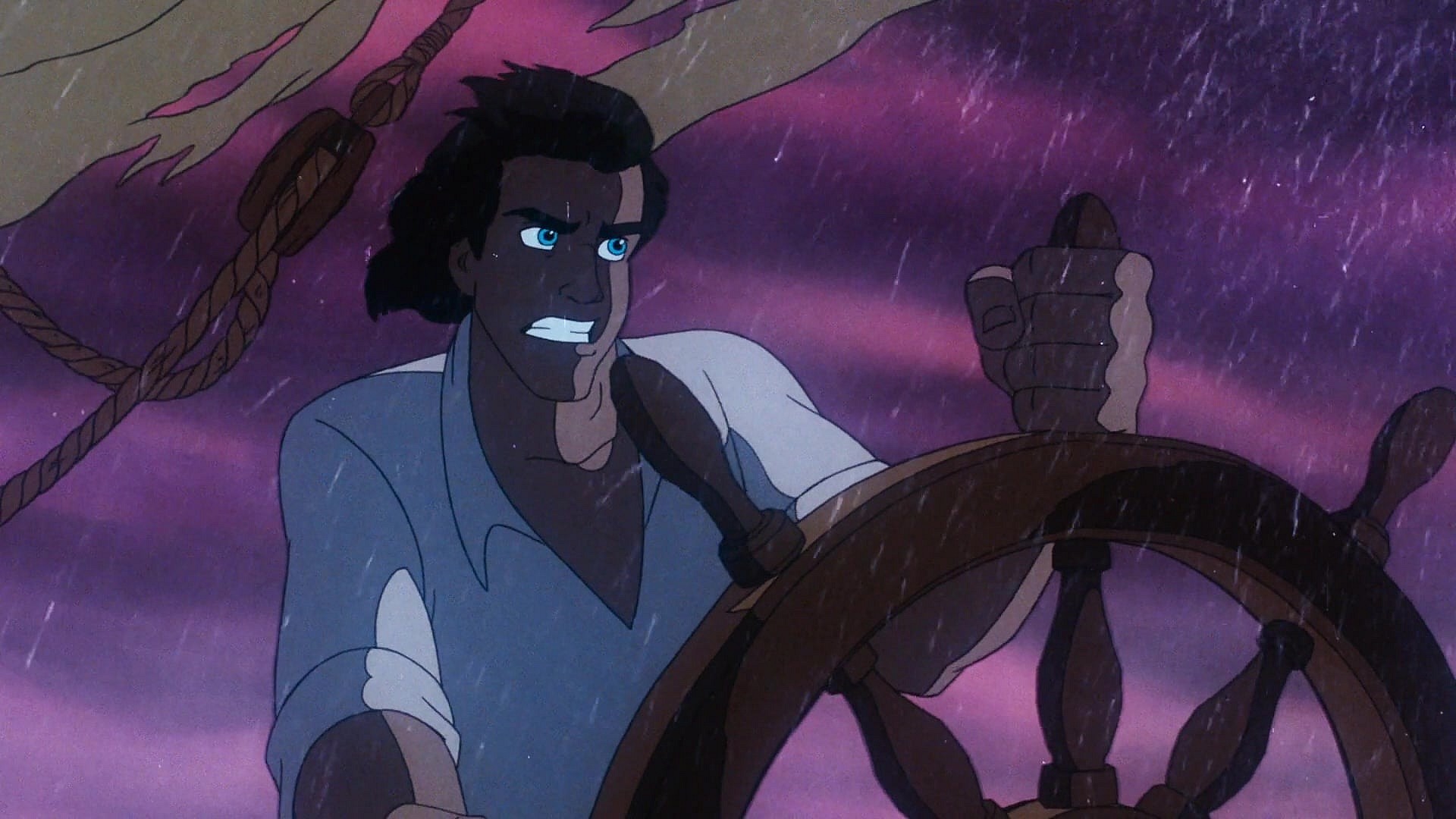 Prince Eric (Christopher Daniel Barnes) refuses to let Ariel (Jodi Benson) die at the hands of Ursula (Pat Carroll) in The Little Mermaid (1989), Walt Disney Studios