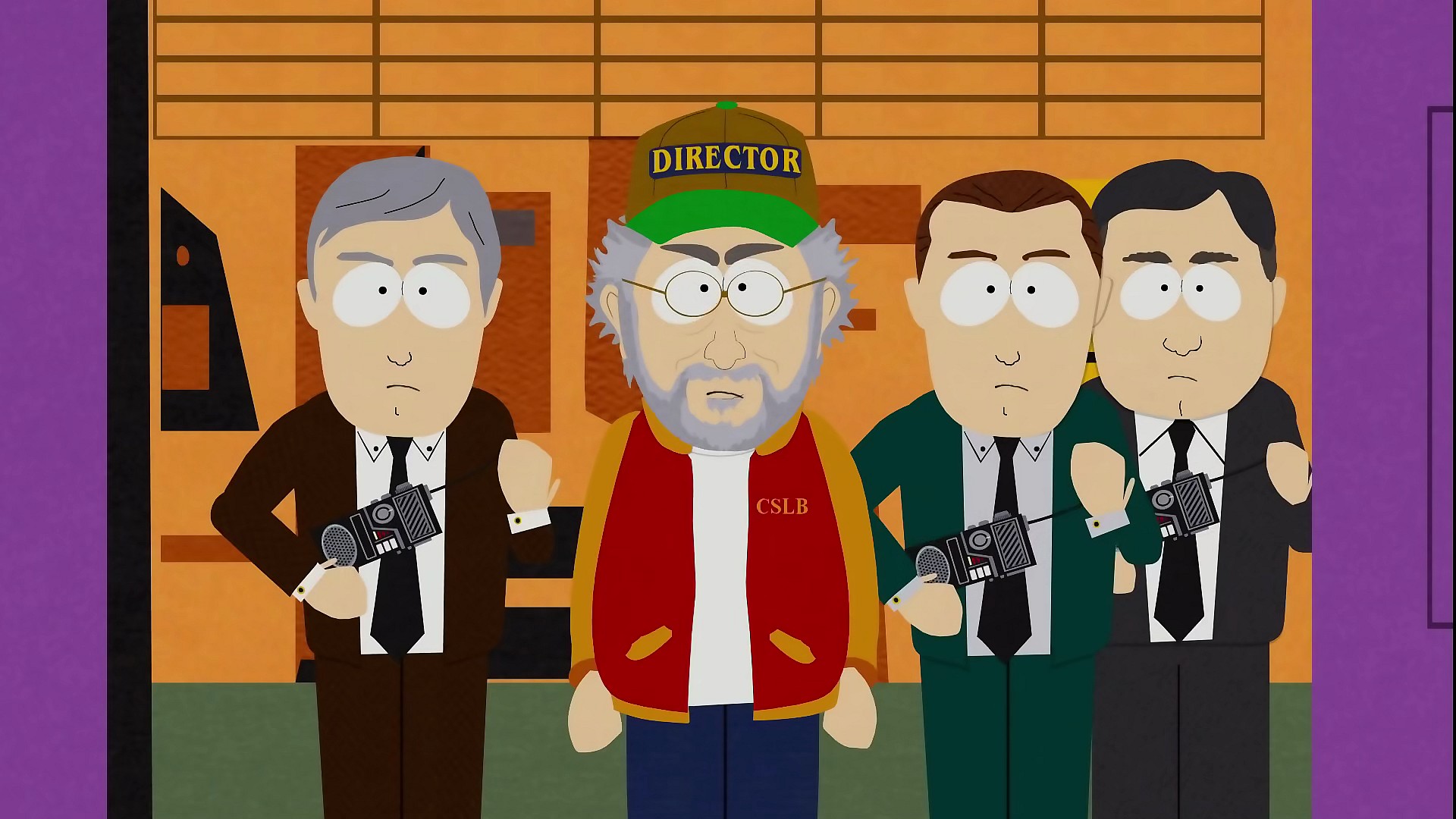 Steven Spielberg (Trey Parker) orders his walkie-talkie wielding security team to apprehend the boys in South Park Season 6 Episode 9 "Free Hat' (2002), Comedy Central