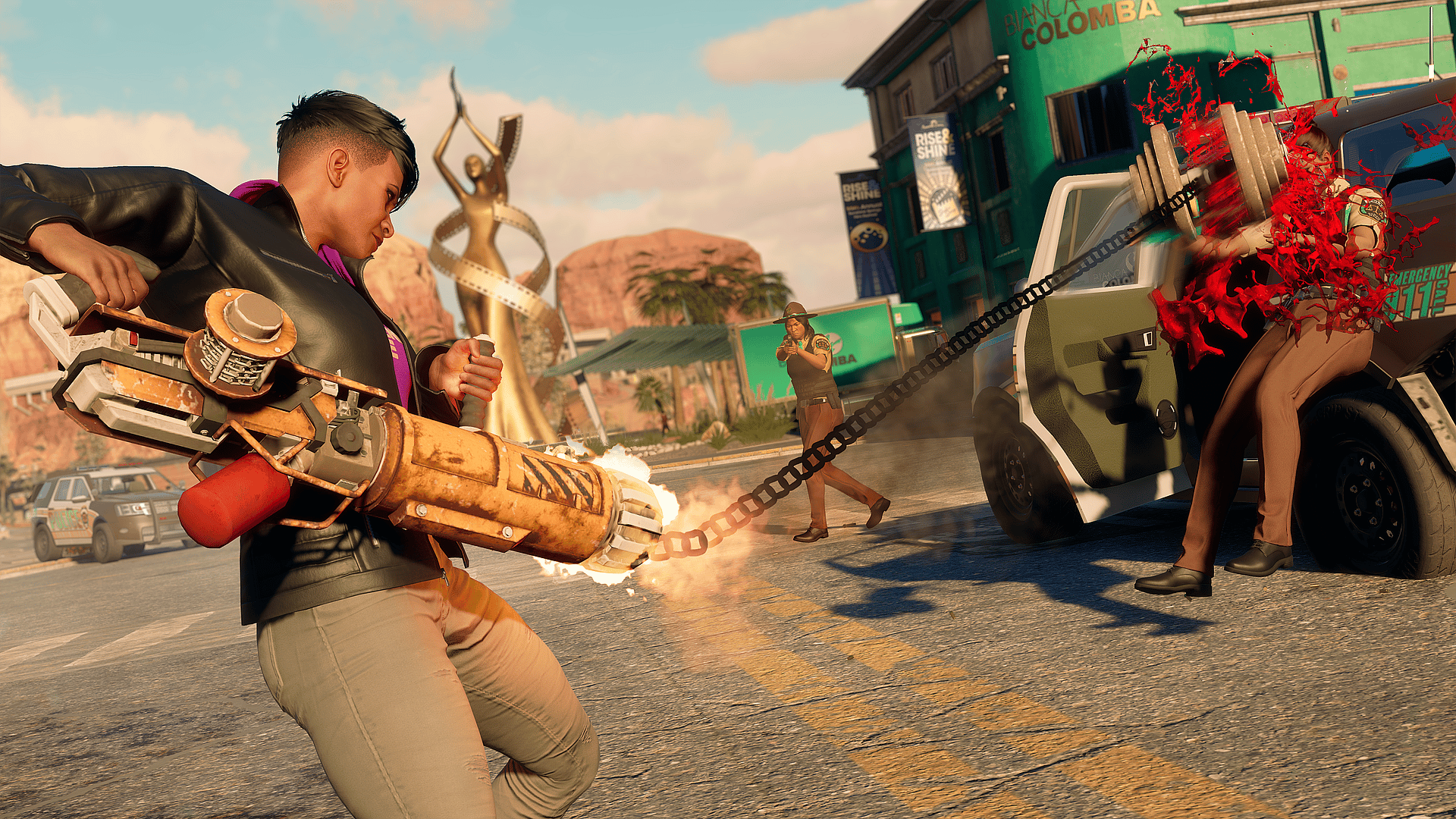 The Boss launches the Pain & Gain gun at a cop via Saint Row (2022), Deep Silver