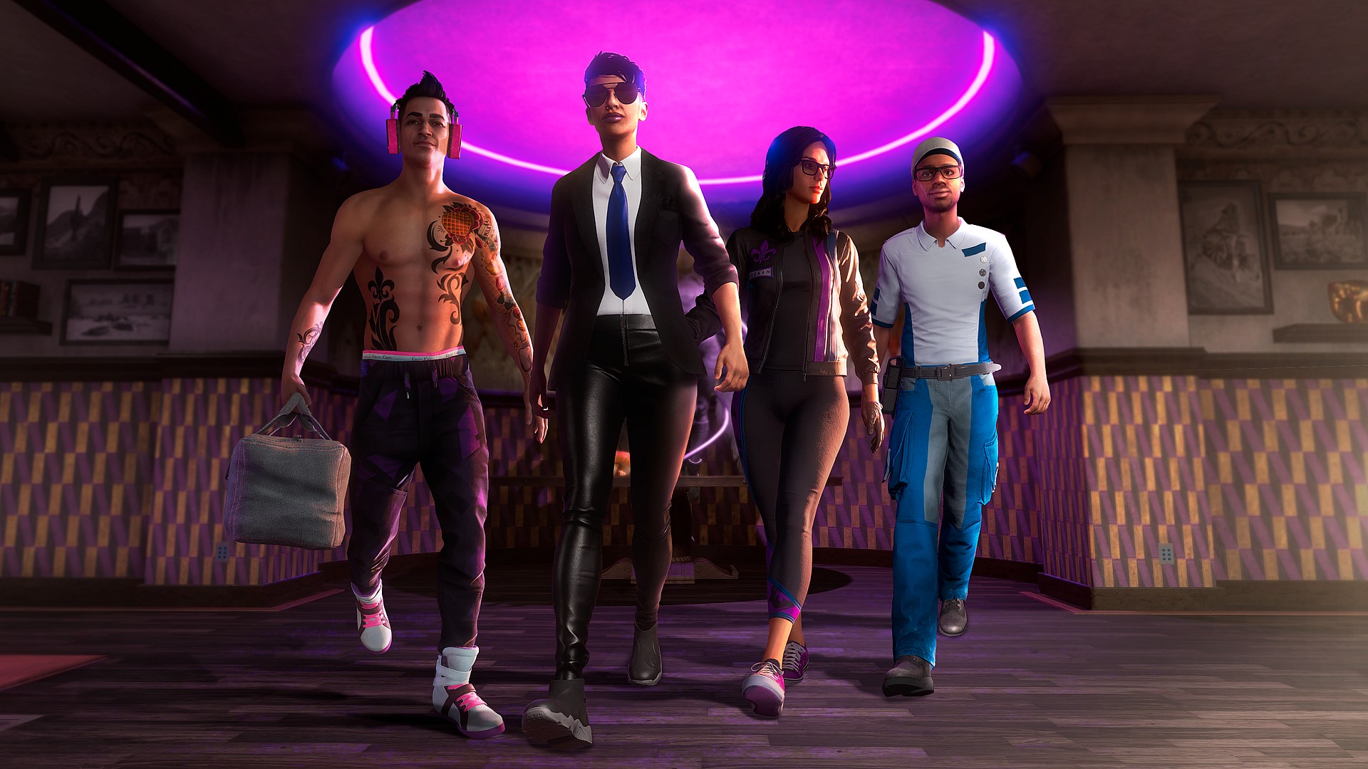 Kevin (Greg Chun), The Boss, Neenah (Jeannie Tirado), and Eli (Eugene Byrd) strut towards their heist via Saint Row (2022), Deep Silver