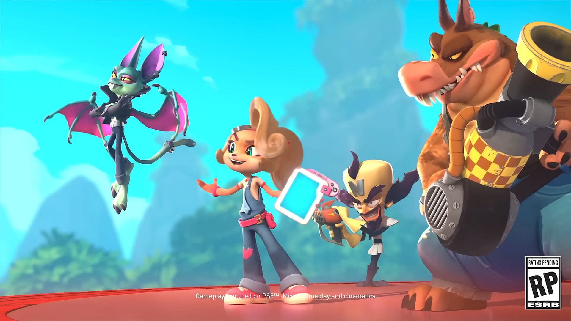 Catbat (Erika Ishii), Coco (Eden Riegel), Dingodile (Fred Tatasciore) and Dr. Cortex (Lex Lang) team-up in Crash Team Rumble (2023), Toys For Bob