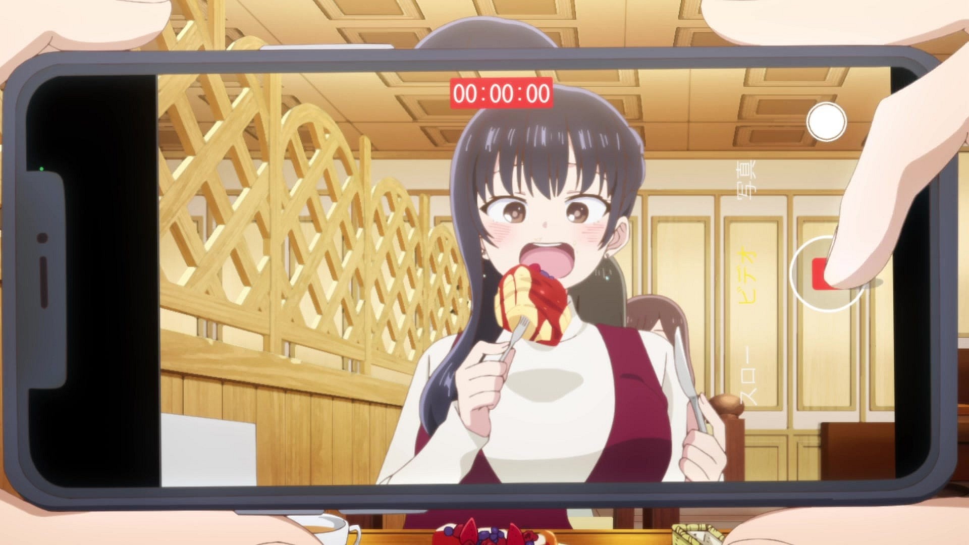 Kyotaro takes a snap of Anna enjoying her cake in The Dangers in My Heart Episode 10 "We Walked Slowly" (2023), Shin-Ei Animation