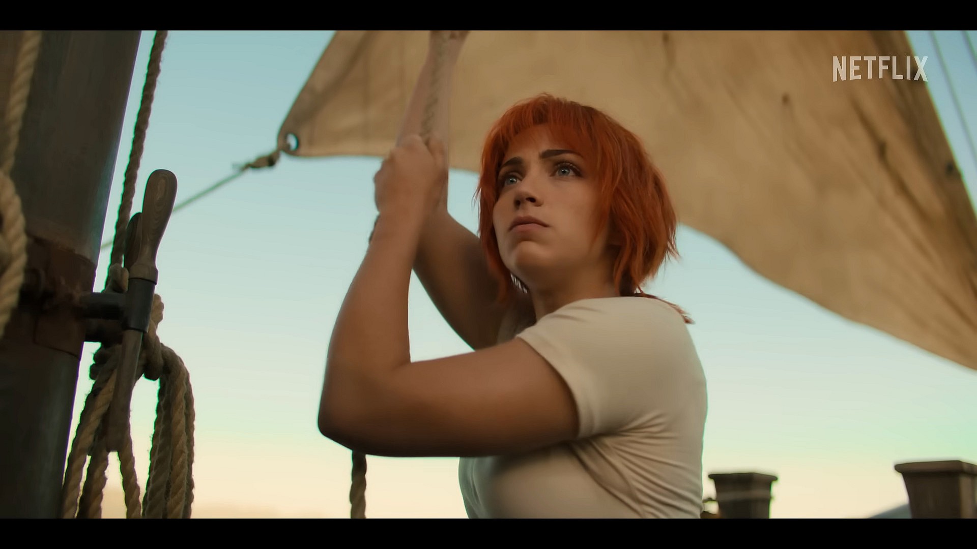 Nami (Emily Rudd) prepares to set sail in One Piece (2023), Netflix