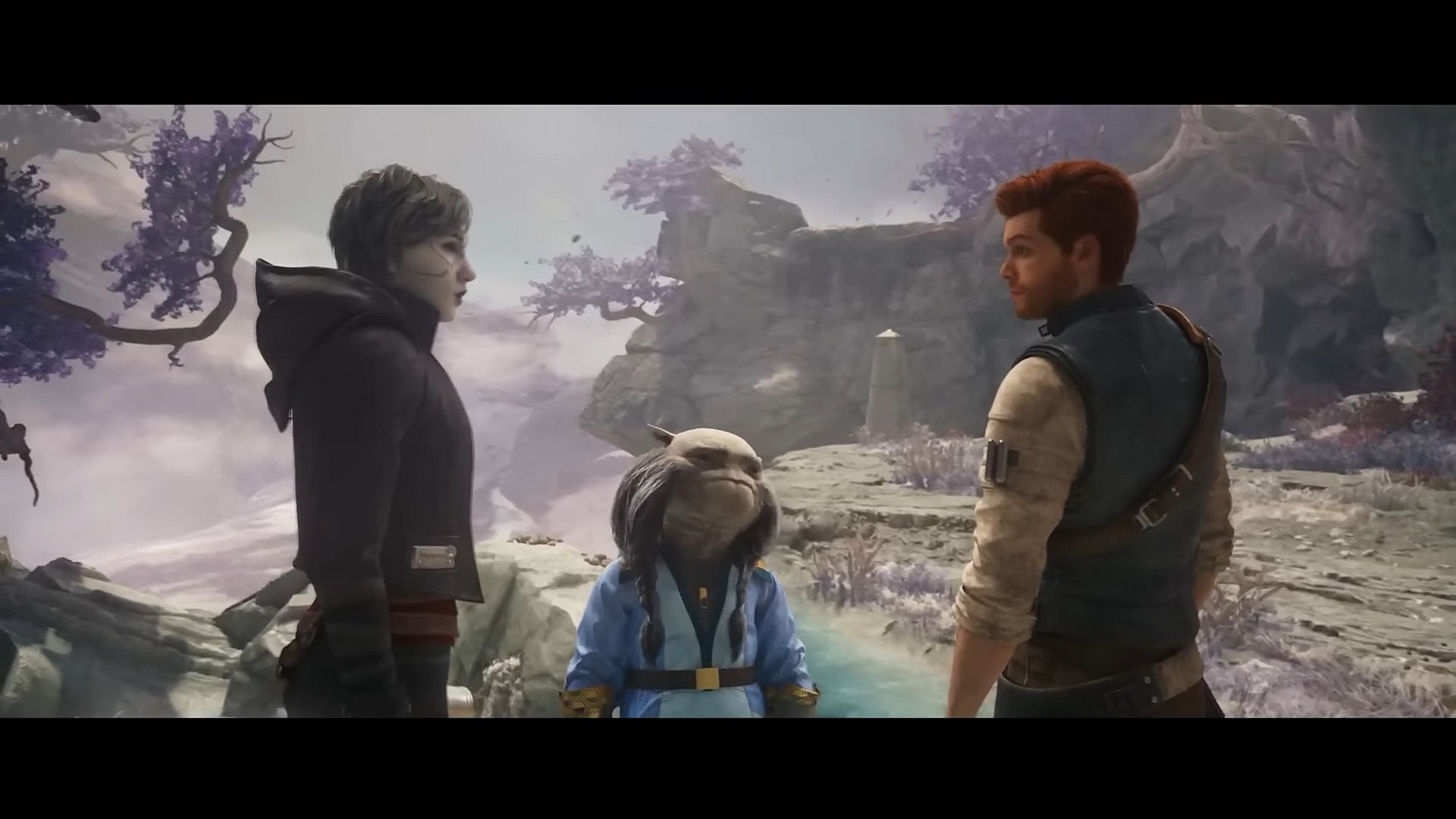 Cal Kestis (Cameron Monaghan), Nightsister Merrin (Tina Ivlev), and Greez Dritus (Daniel Roebuck) steel themselves for the future in Star Wars Jedi: Survivor (2023), Respawn