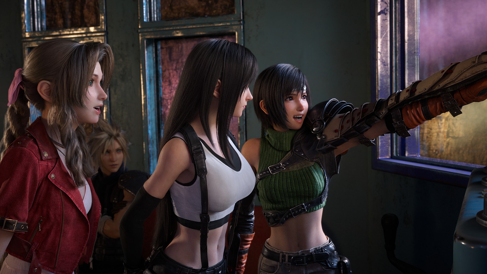 Yuffie (Yumi Kakazu) shares her excitement about the Golden Saucer with Tifa (Ayumi Ito) and Aerith (Maaya Sakamoto) in Final Fantasy VII Rebirth (2023), Square Enix