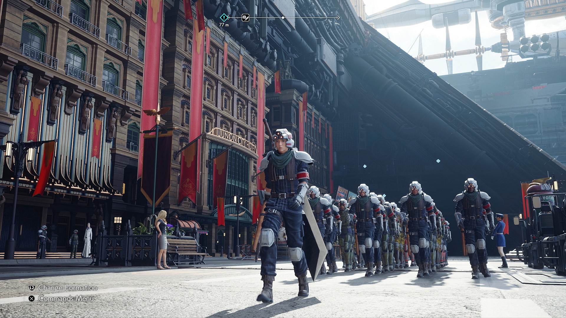 Cloud Strife (Takahiro Sakurai) leads a Shinra parade march in Final Fantasy VII Rebirth (2023), Square Enix