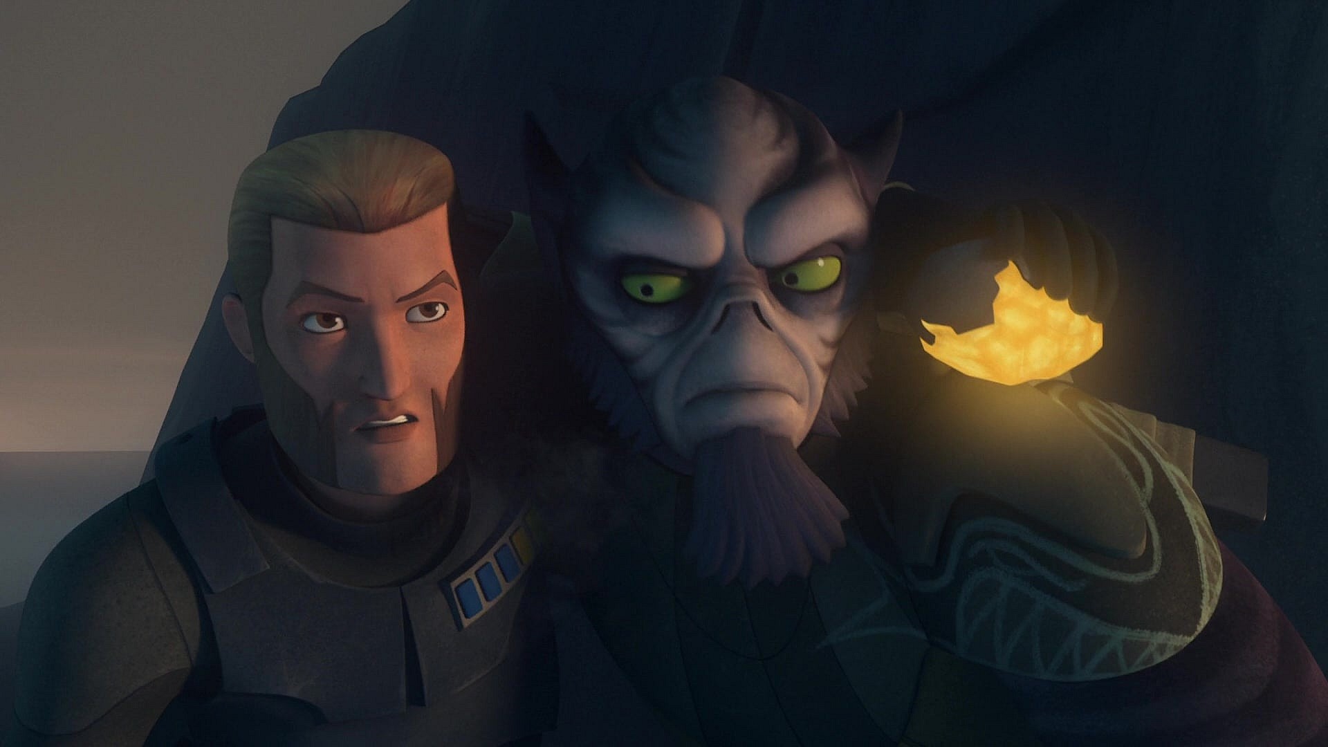 Zeb (Steve Blum) helps Agent Kallus (David Oyelowo) walk to their pick-up point in Star Wars Rebels Season 2 Episode 17 "The Honorable Ones" (2016), Lucasfilm