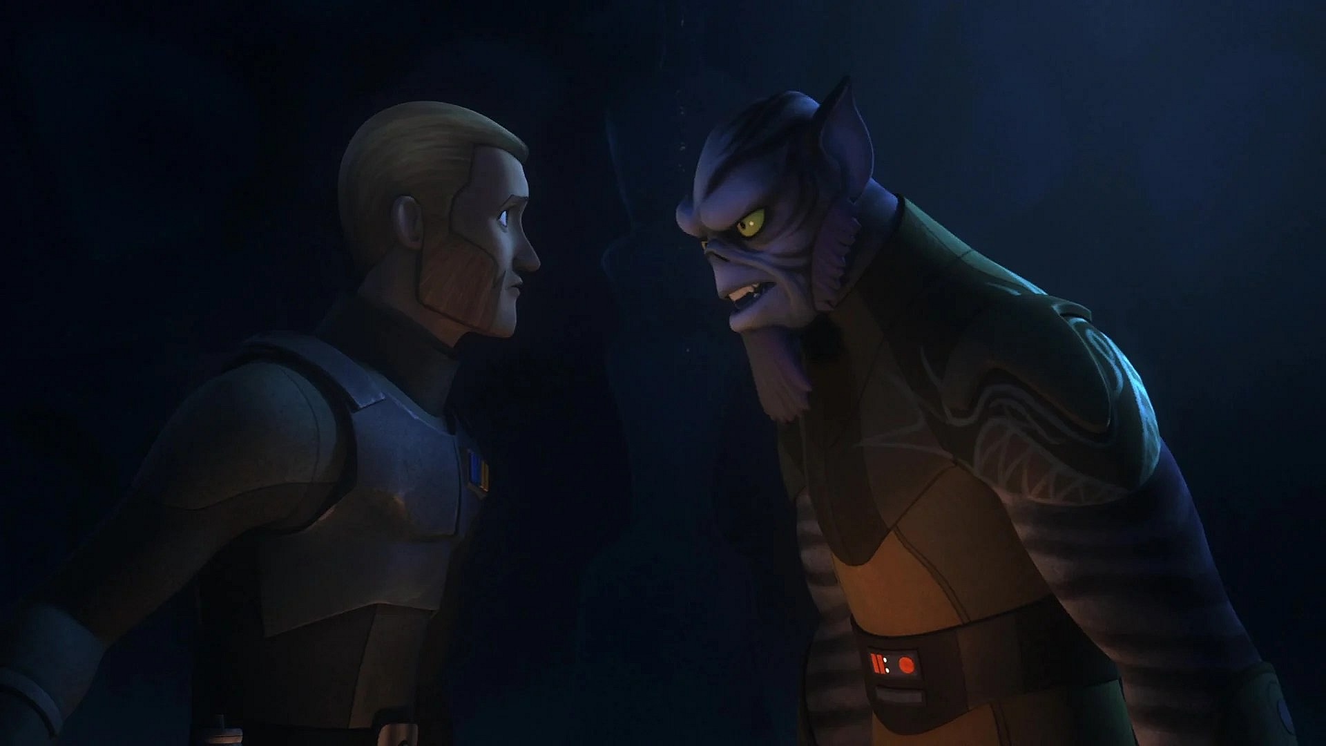 Zeb (Steve Blum) is having none of Agent Kallus' (David Oyelowo) pompousness in Star Wars Rebels Season 2 Episode 17 "The Honorable Ones" (2016), Lucasfilm