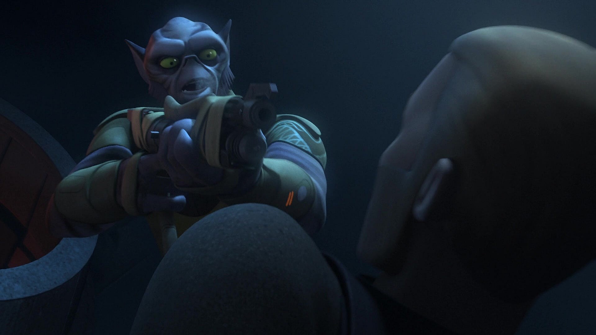 Zeb (Steve Blum) holds Agent Kallus (David Oyelowo) at rifle-point in Star Wars Rebels Season 2 Episode 17 "The Honorable Ones" (2016), Lucasfilm