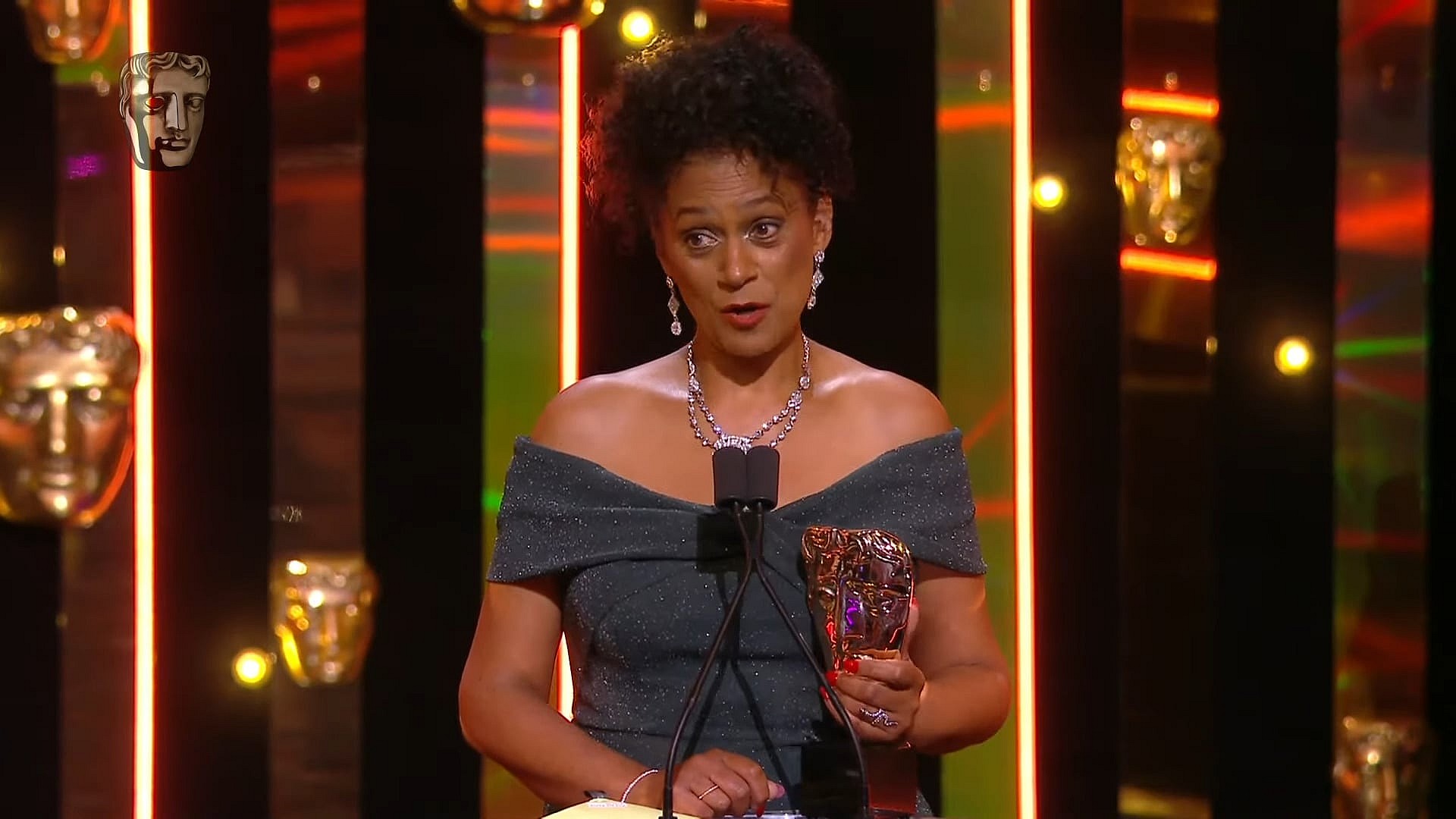 Cathy Tyson accepts her 2022 Virgin Media BAFTA TV Award for Supporting Actress