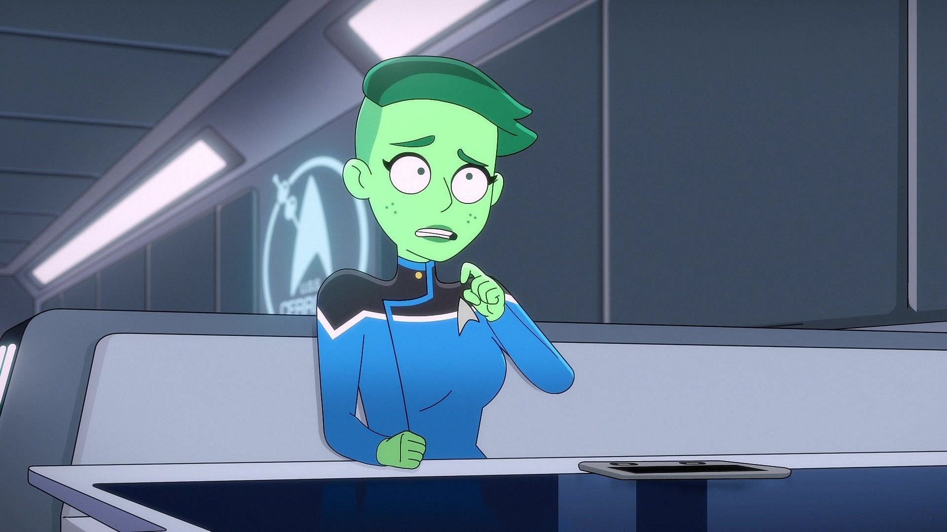 Tendi (Noel Wells) finds herself under pressure in Star Trek: Lower Decks Season 3 Episode 3 "Mining the Mind's Mines" (2022), Paramount Plus