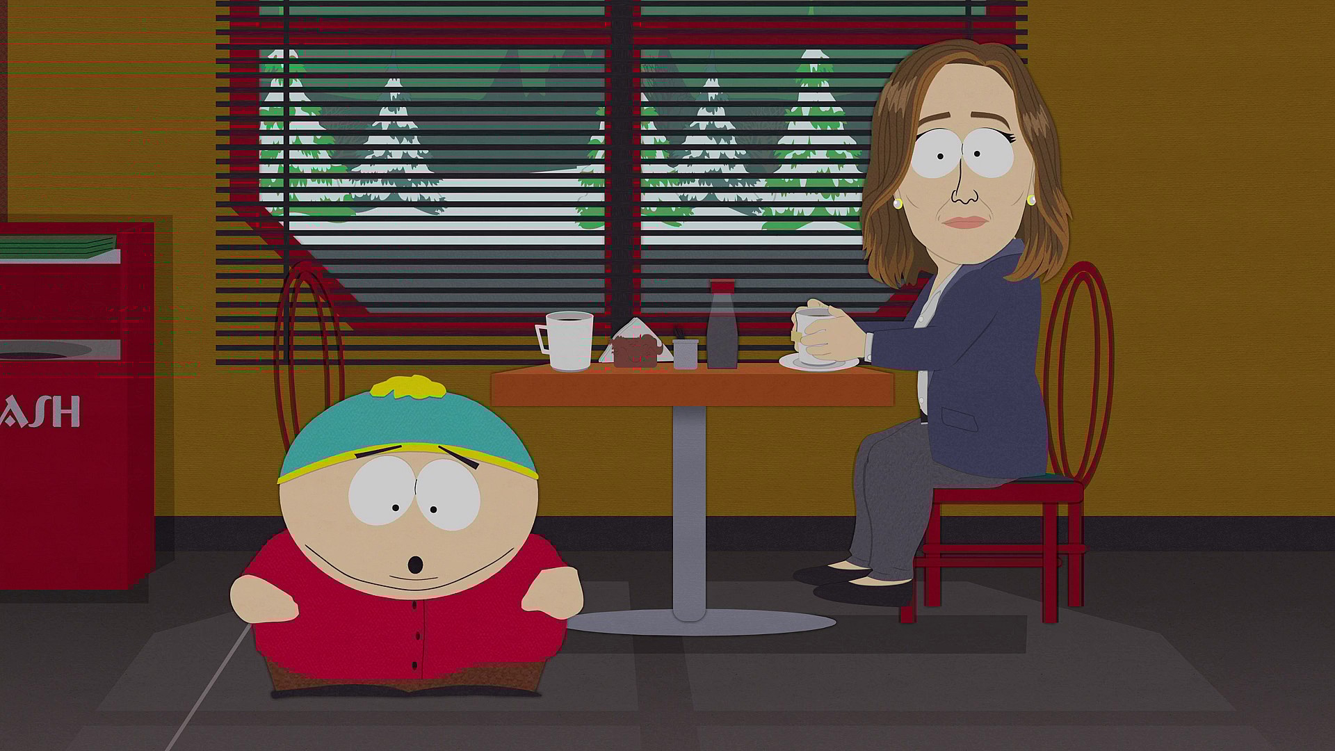 Cartman (Trey Parker) apologizes to Kathleen Kennedy (Kimberly Brooks) in South Park: Joining the Panderverse (2023), Paramount