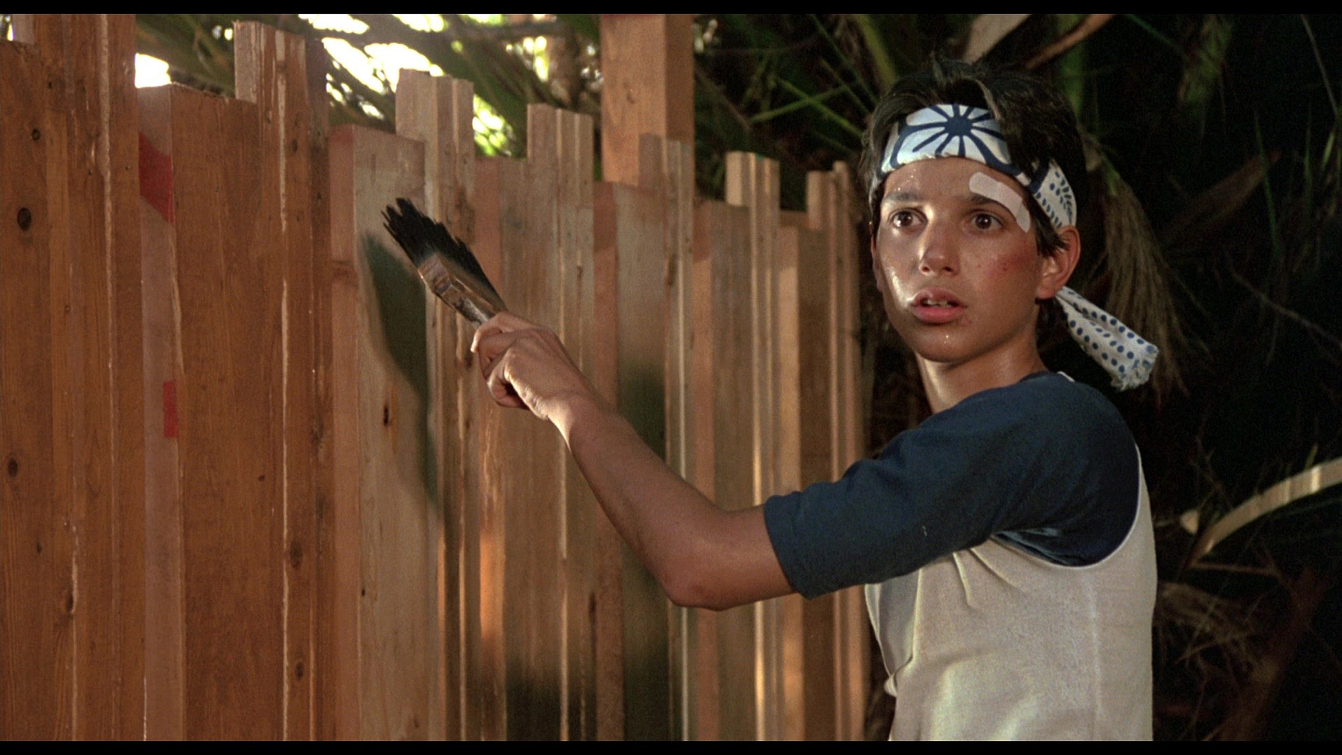 Daniel LaRusso (Ralph Macchio) struggles to understand Mr. Miyagi's (Pat Moira) training methods in The Karate Kid (1984), Columbia Pictures