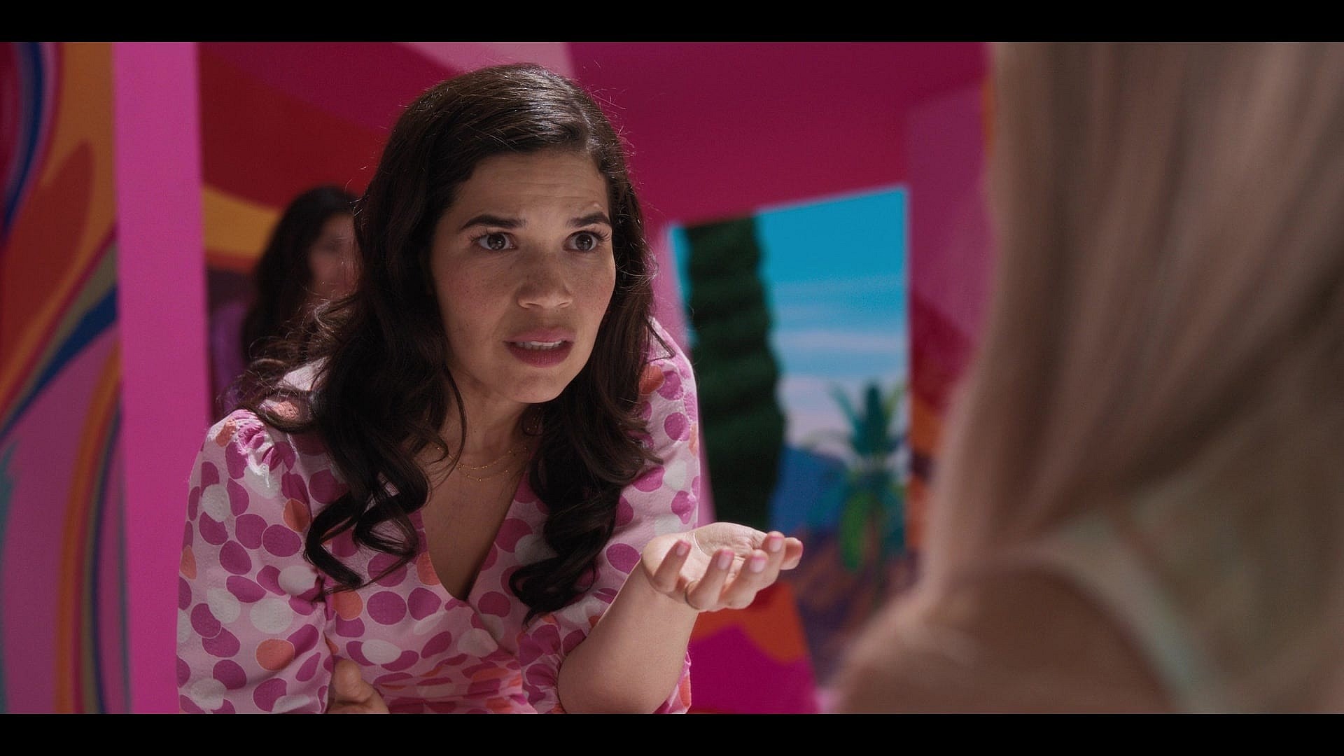 Gloria (America Ferrera) tells Barbie (Margot Robbie) about the female experience in Barbie (2023), Warner Bros. Pictures