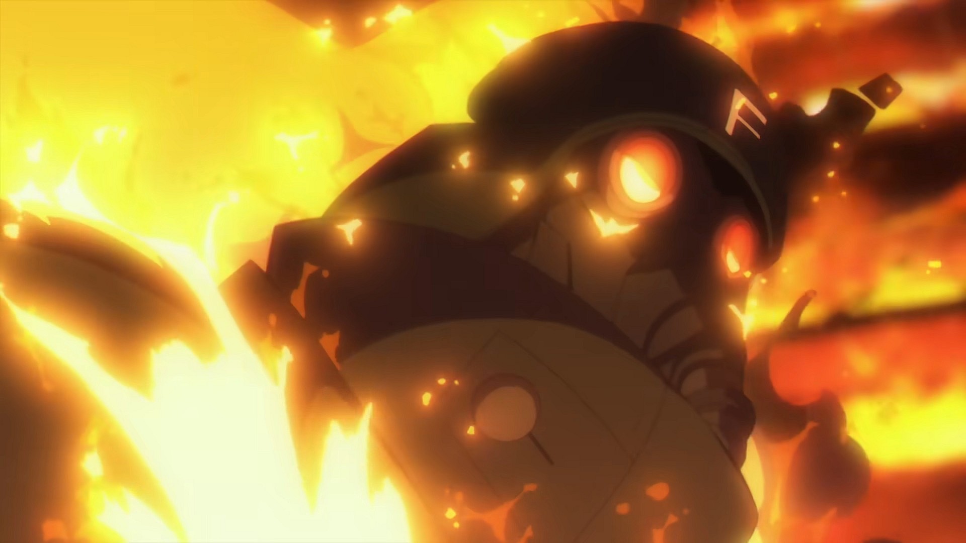 Type F (Shunsuke Takeuchi) bursts through the flames in pursuit of Yor Forger (Atsumi Tanezaki) in Spy x Family CODE: White (2023), Wit Studio