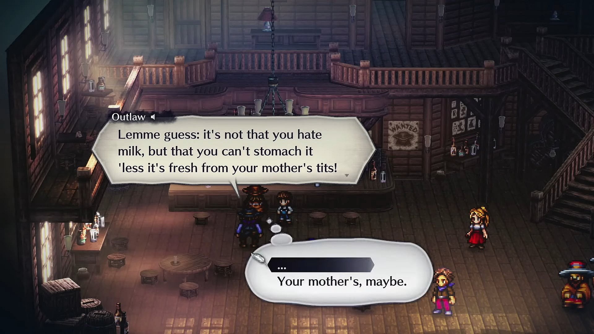 Sundown (Akio Otsuka/Reagan Murdock) rejects a random outlaw's milk in Live A Live (2022), Square Enix