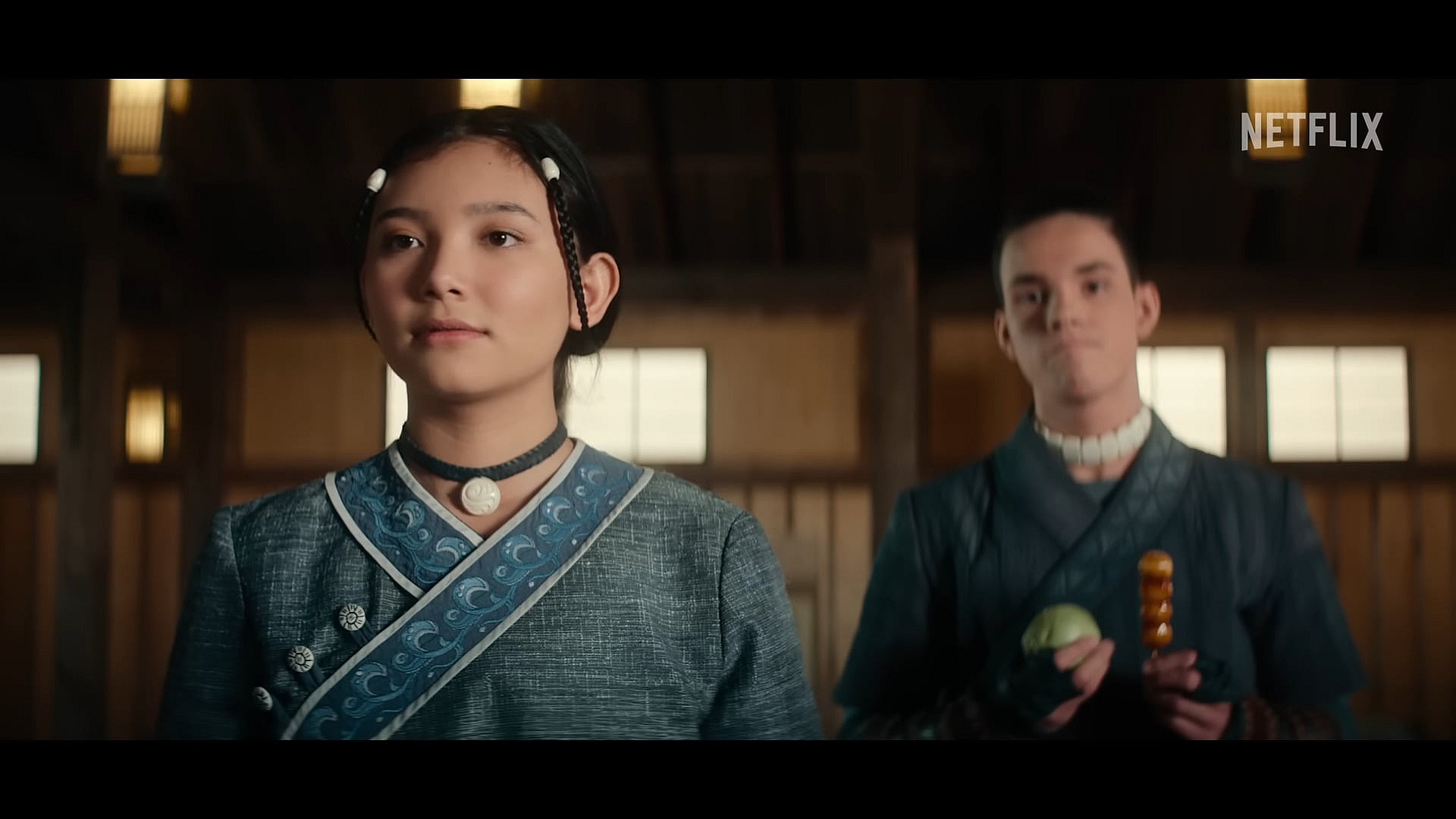 Katara (Kiawentiio) and Sokka (Ian Ousley) begin to fear Aang (Gordon Cormier) might need a little more training in Avatar: The Last Airbender (2024), Netflix