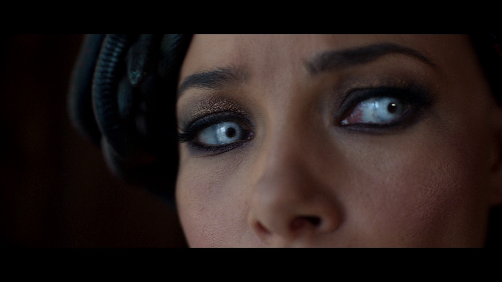 Medusa (Jessica Parker Kennedy) attempts to cast her gaze upon Percy Jackson (Walker Scobell) in Percy Jackson and The Olympians Season 1 Episode 3 "We Visit the Garden Gnome Emporium" (2023), Disney Plus