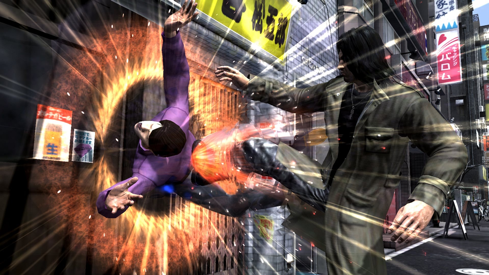 Saejima (Rikiya Koyama) hurls an enemy into a storefront window in Yakuza 4 (2011), SEGA