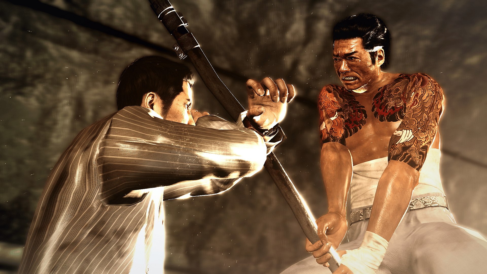 Kiyru (Takaya Kuroda) blocks a baseball bat swing from Kuze (Hitoshi Ozawa) in Yakuza 0 (2017), SEGA