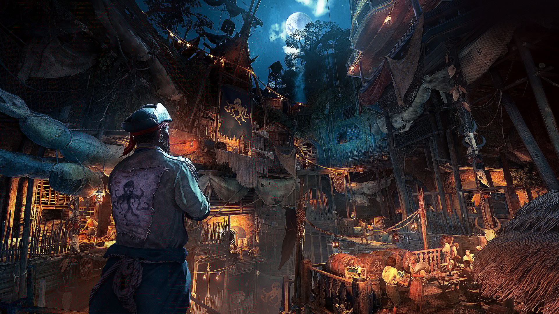 A pirate looks out on a tropical pirate hideout in Skull and Bones (2024), Ubisoft