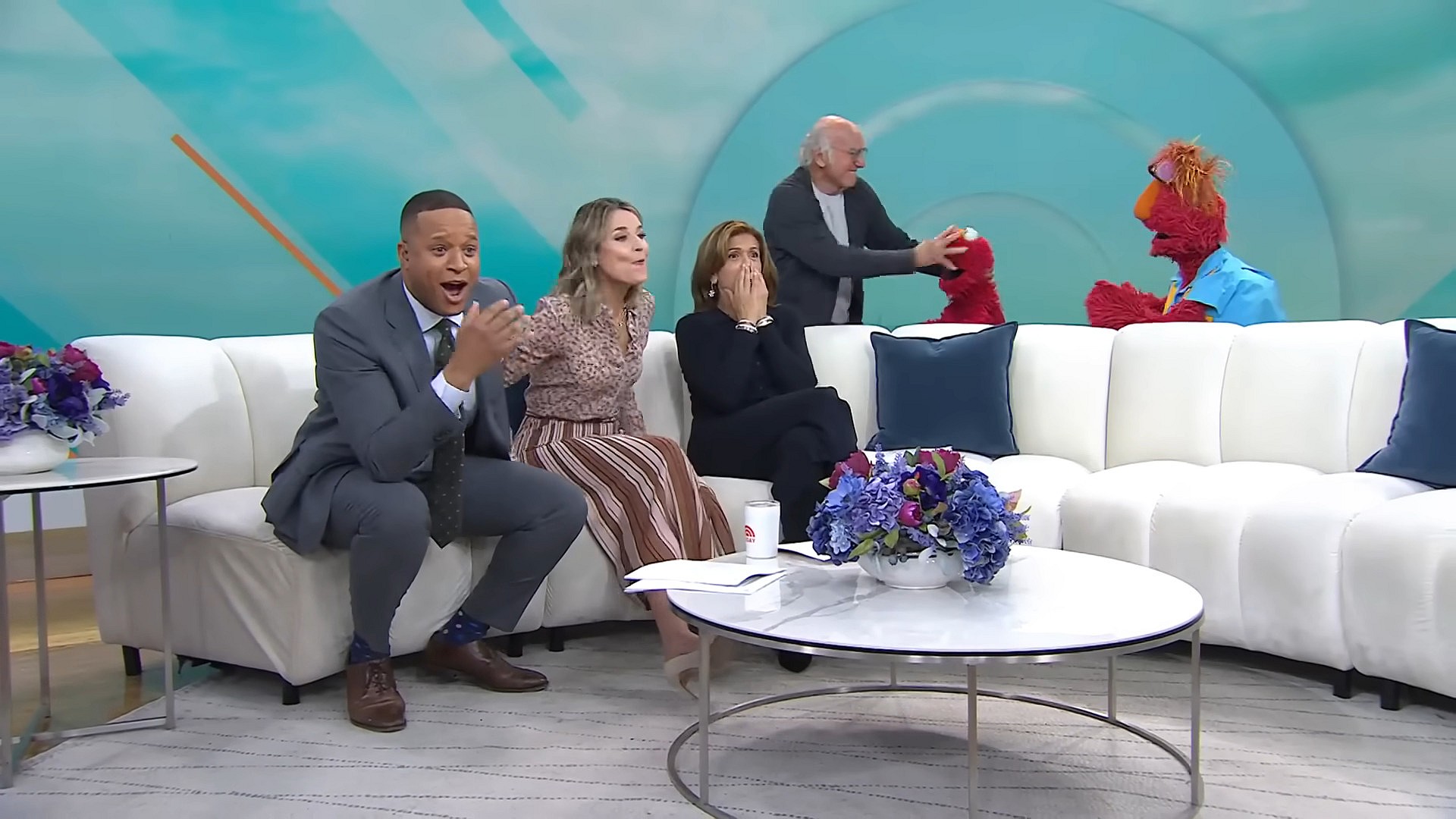 Larry David smooshes Elmo's face on Today (2024), NBC