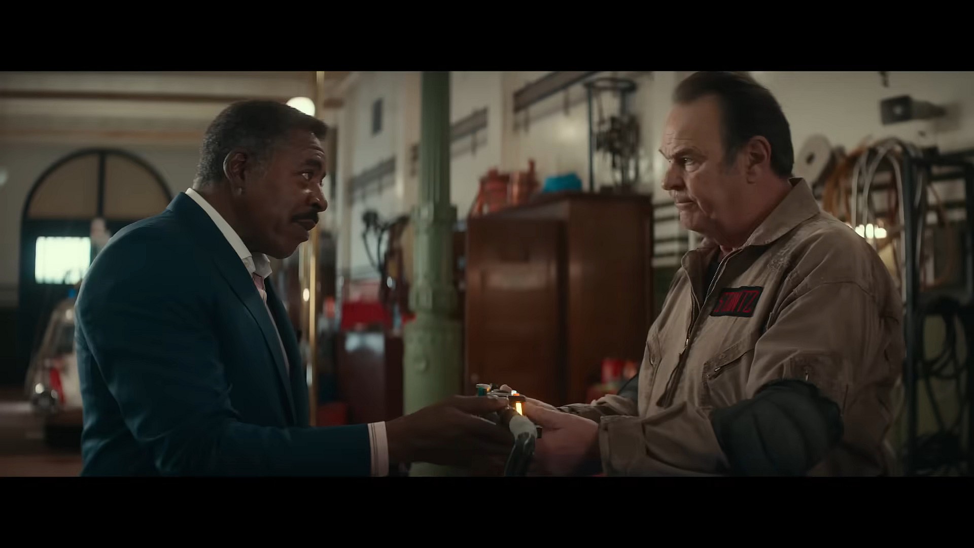 Winston Zeddemore Ernie Hudson) and Ray Stantz (Dan Aykroyd) suit back up in Ghostbusters: Frozen Empire (2024), Sony Pictures