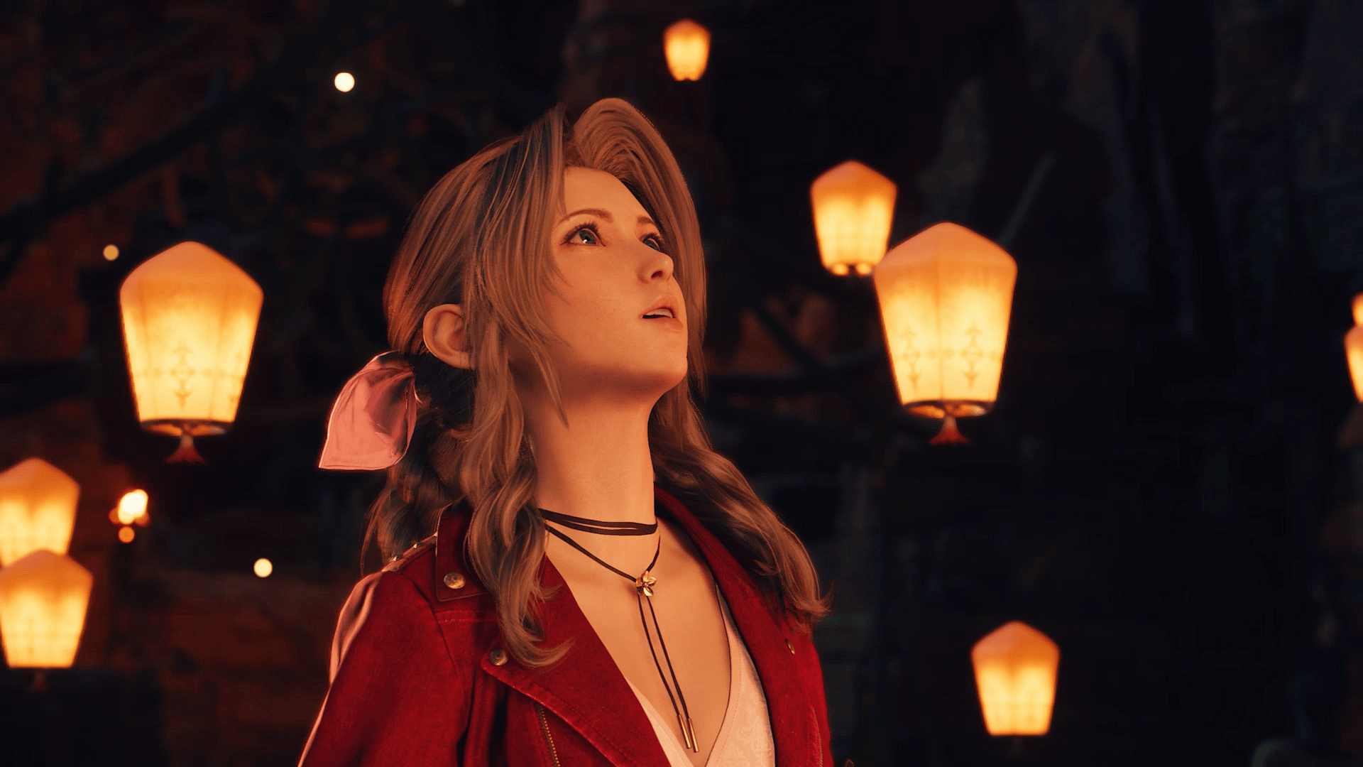 Aerith (Maaya Sakamoto) finds herself at the center of a storm of sky lanterns in Final Fantasy VII Rebirth (2023), Square Enix