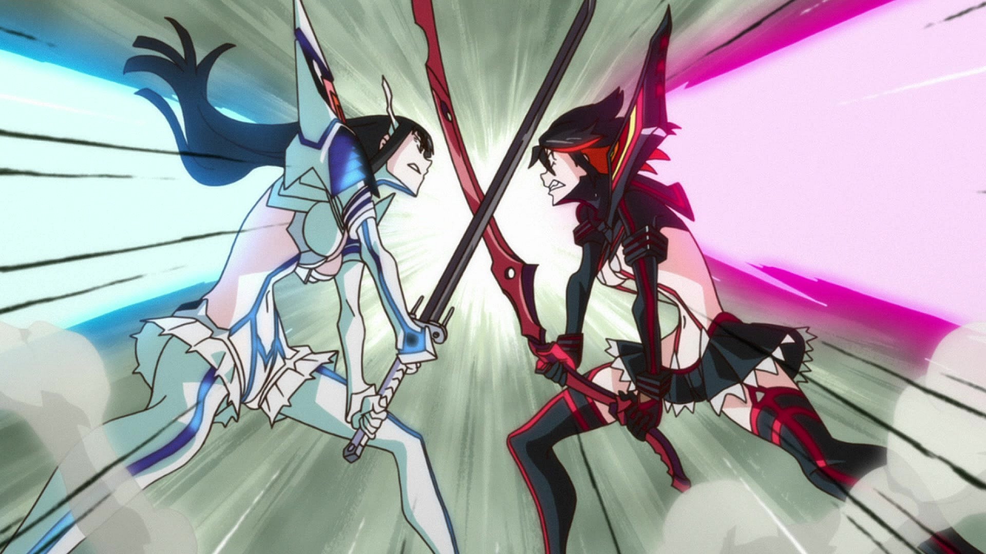 Satsuki (Ryoka Yuzuki) clashes with Ryuko (Ami Koshimizu) in Kill la Kill Episode 3 "Junketsu" (2013), Studio Trigger