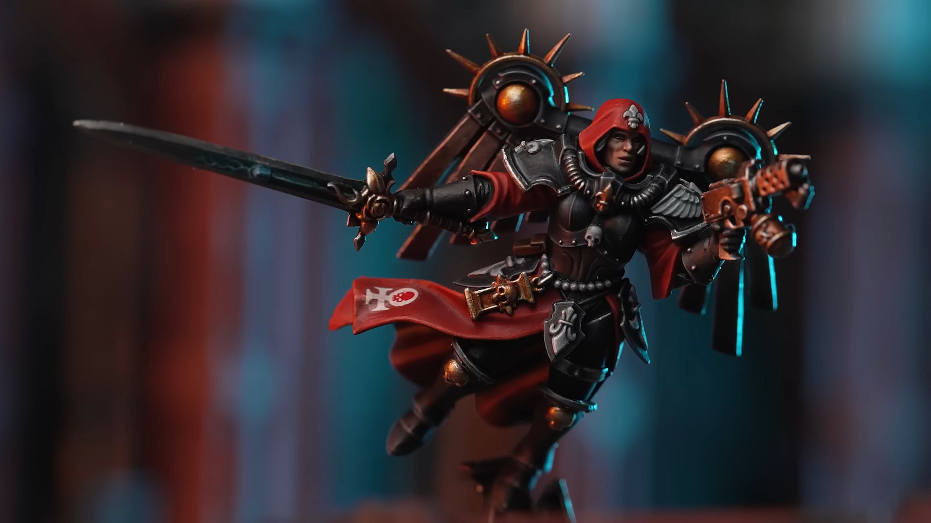 An Adepta Sororitas Cannoness descends upon the battlefield in Warhammer 40K (1987), Games Workshop
