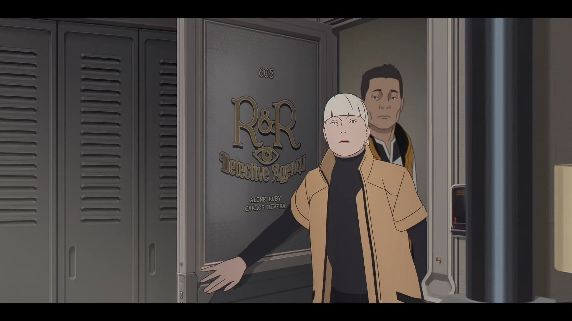 Aline (Léa Drucker/Morla Gorrondona) invites Jun's father (Serge Faliu) to her office in Mars Express (2023), GKIDS Films