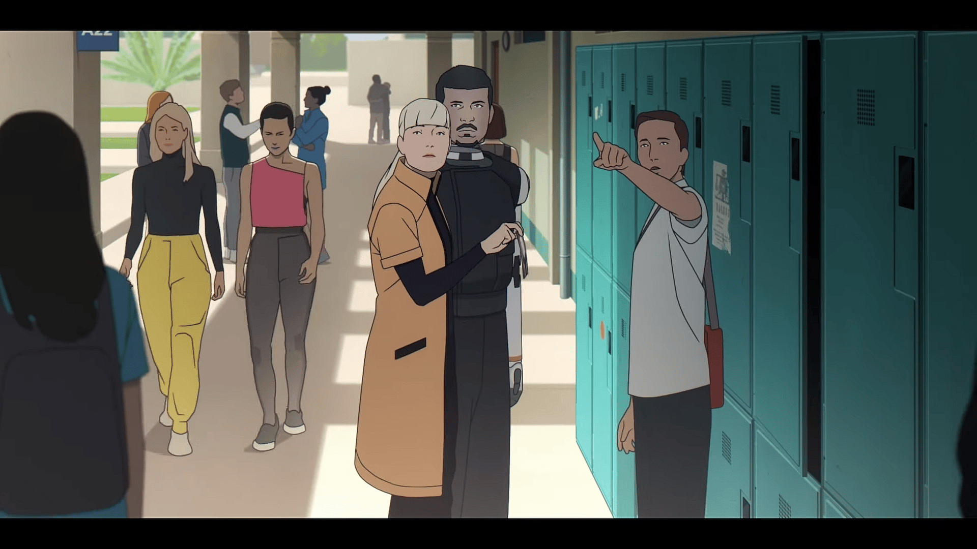 Aline (Léa Drucker/Morla Gorrondona) and Carlos (Daniel Njo Lobé/Josh Keaton) ask questions about Jun (Geneviève Doang/Jenapher Zheng) in Mars Express (2023), GKIDS Films