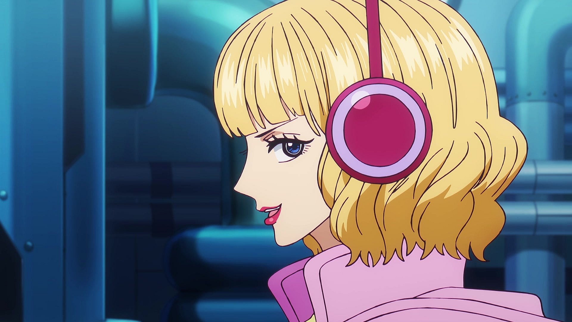 Stussy (Mami Kingetsu) flashes a smile in One Piece Episode 1107 "A Shudder! The Evil Hand Creeping Up on the Laboratory" (2024), Toei Co. Ltd.