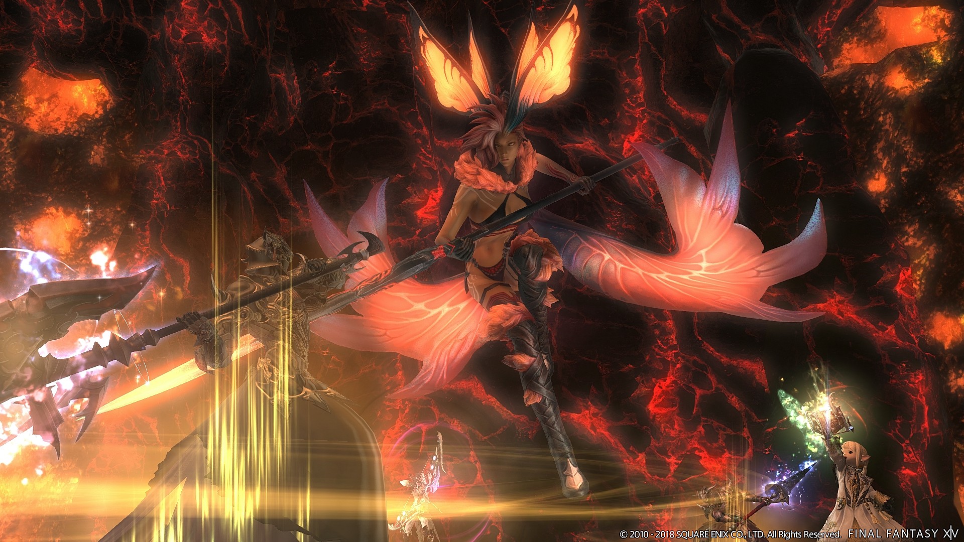 A Warrior, Bard, Dragoon, and Scholar fight Penthesilea in Final Fantasy XIV: Stormblood (2017), Square Enix