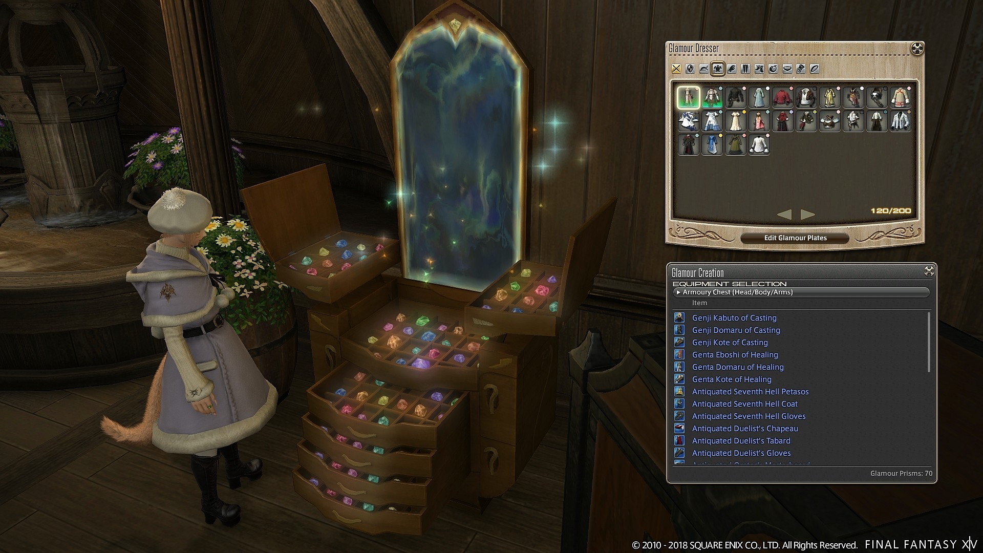 A Miqo'te adventurer looks into their Glamour Dresser in Final Fantasy XIV: Stormblood (2017), Square Enix