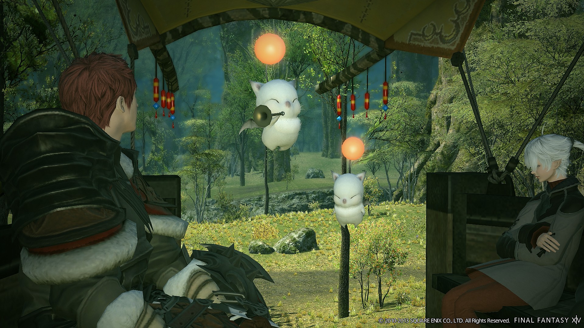 The Warrior of Light and Alisaie Leveilleur (Rie Murakawa) notice a pair of Moogles in Final Fantasy XIV: A Realm Reborn (2013), Square Enix