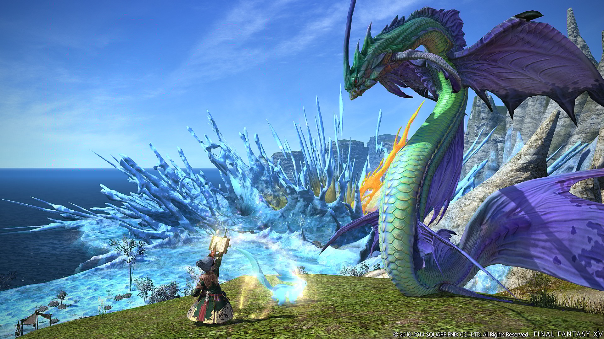 A Lalafell Summoner and their Carbuncle stare down Unktehi in Final Fantasy XIV: A Realm Reborn (2013), Square Enix