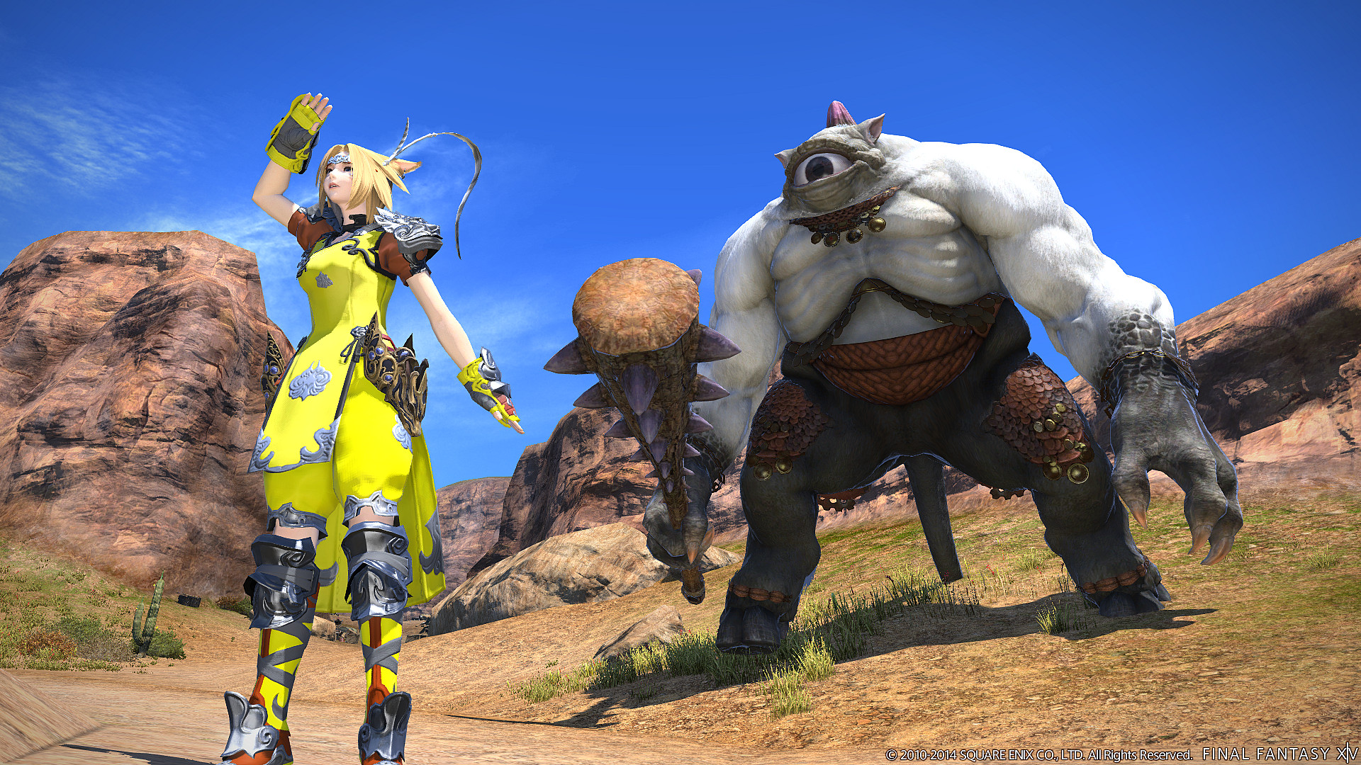 A Miqo'te Monk, blissfully unaware that the Elite Mark Brontes is behind her in Final Fantasy XIV: A Realm Reborn (2013), Square Enix