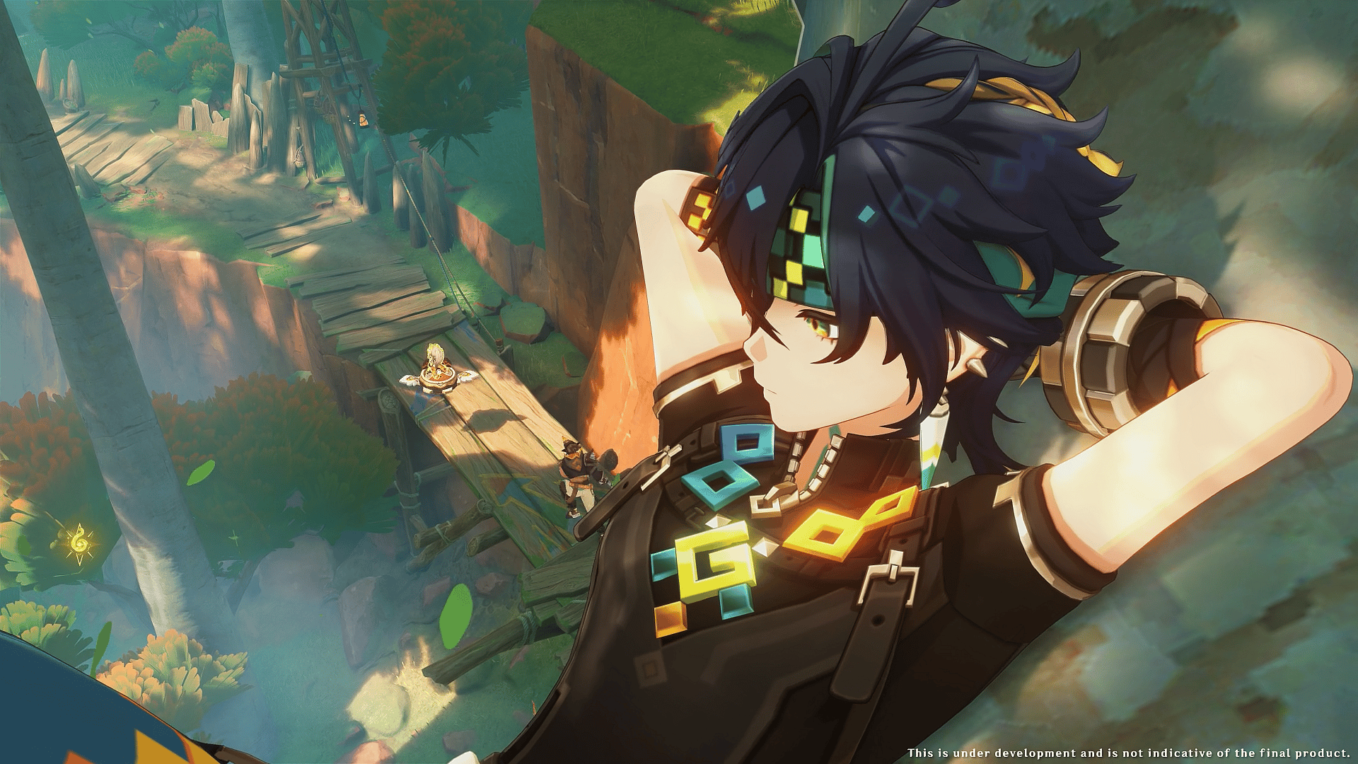 Kinich (Sugiyama Noriaki) watches Kachina (Kubo Yurika) being chased in Genshin Impact (2020), miHoYo