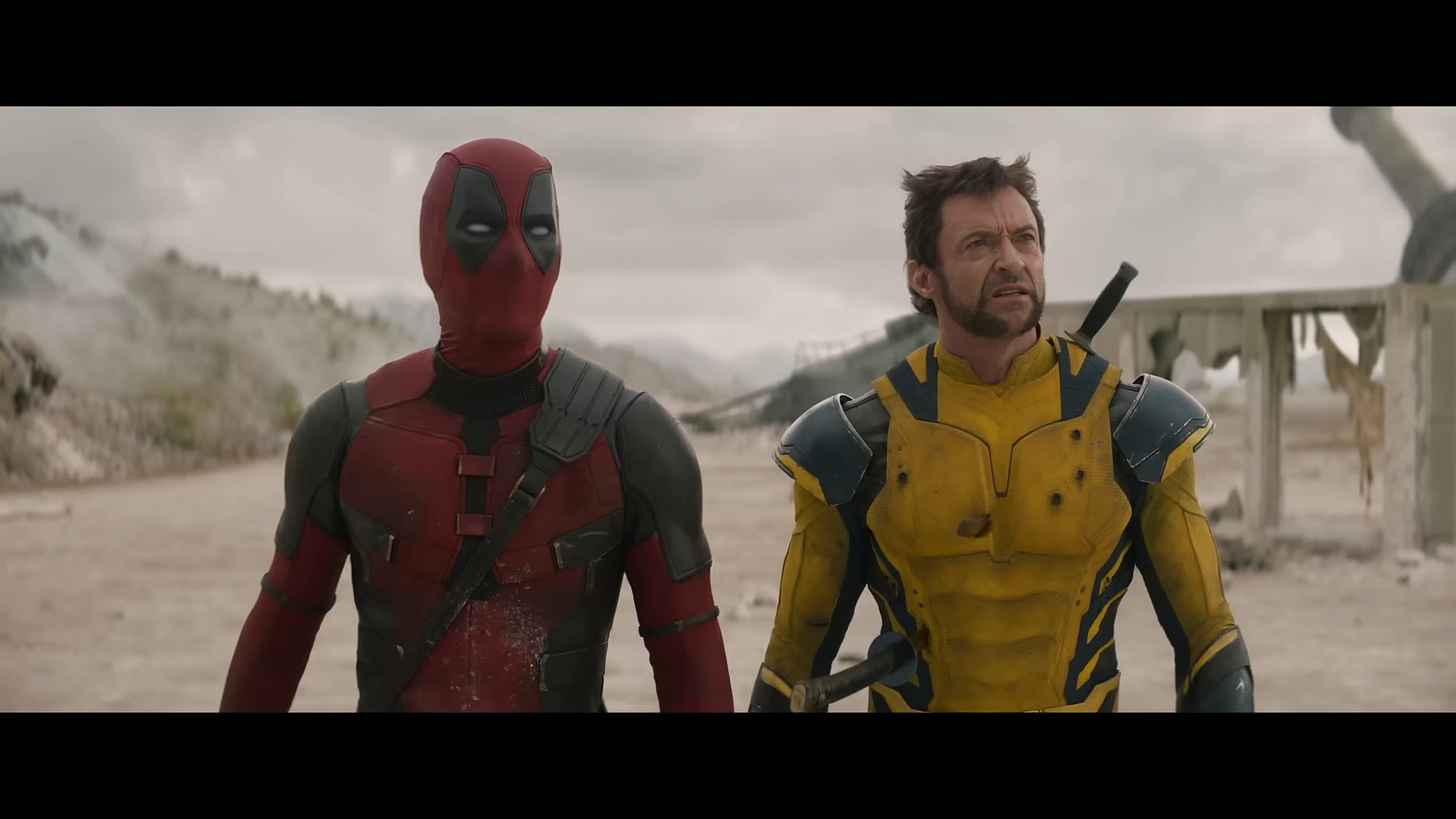 Deadpool (Ryan Reynolds) and Wolverine (Hugh Jackman) come across the corpse of Giant-Man (Paul Rudd) in Deadpool & Wolverine (2024), Marvel Entertainment