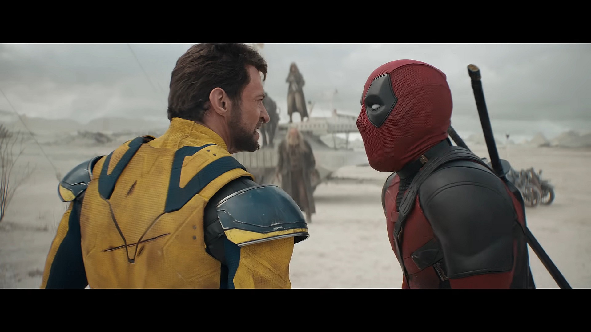Deadpool (Ryan Reynolds) attempts to hype-up Wolverine (Hugh Jackman) for his long-awaited rematch with Sabretooth (Tyler Mane) in Deadpool & Wolverine (2024), Marvel Entertainment
