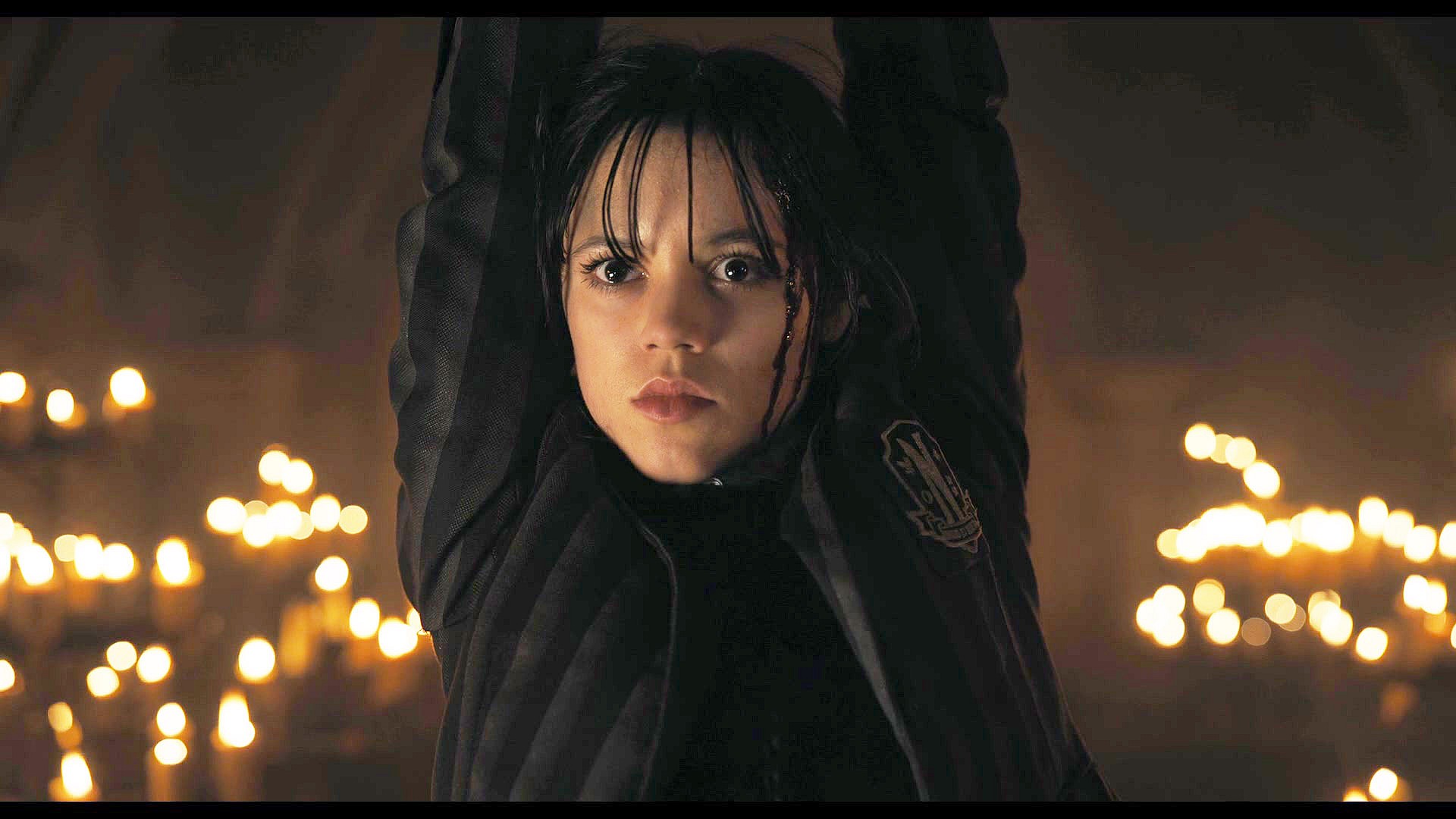 Wednesday (Jenna Ortega) is captured by the revealed Laurel Gates (Christina Ricci) in Wednesday Season 1 Episode 8 "A Murder of Woes" (2022), Netflix