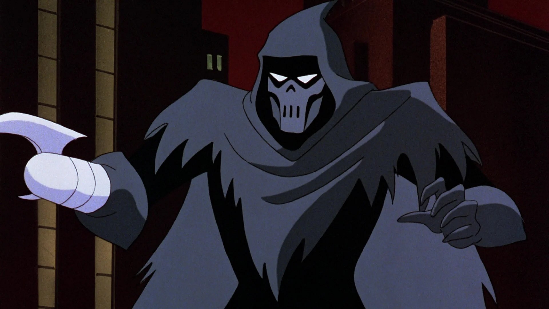 The Phantasm (Stacy Keach) is confronted by The Dark Knight (Kevin Conroy) in Batman: Mask of the Phantasm (1993), Warner Bros. Animation